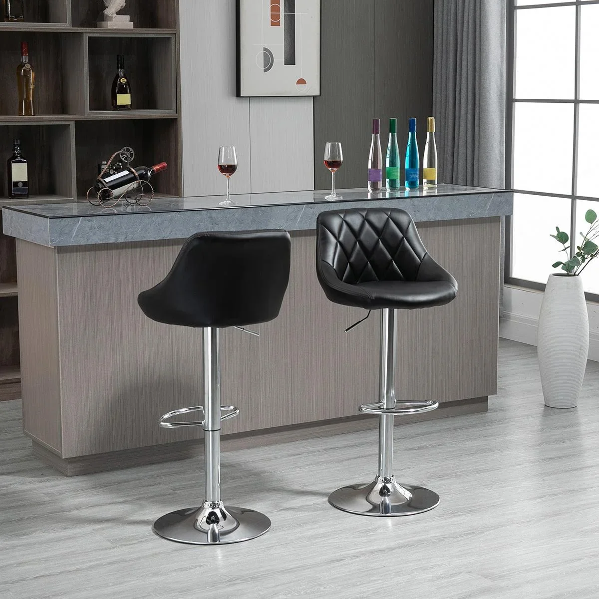 Barhocker 2er-Set Drehstühle Barstühle Verstellbare Höhe Armless Barhocker 360° schwenkbar PU-Kunstleder Metall Schwarz - 1