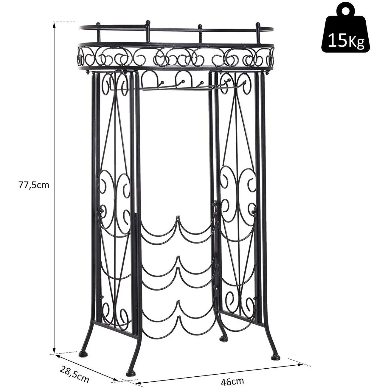 Weinregal Flaschenregal Weinschrank Weinständer für 9 Flaschen und Gläser Metall Schwarz T28,5 x B46 x H77,5 cm - 6
