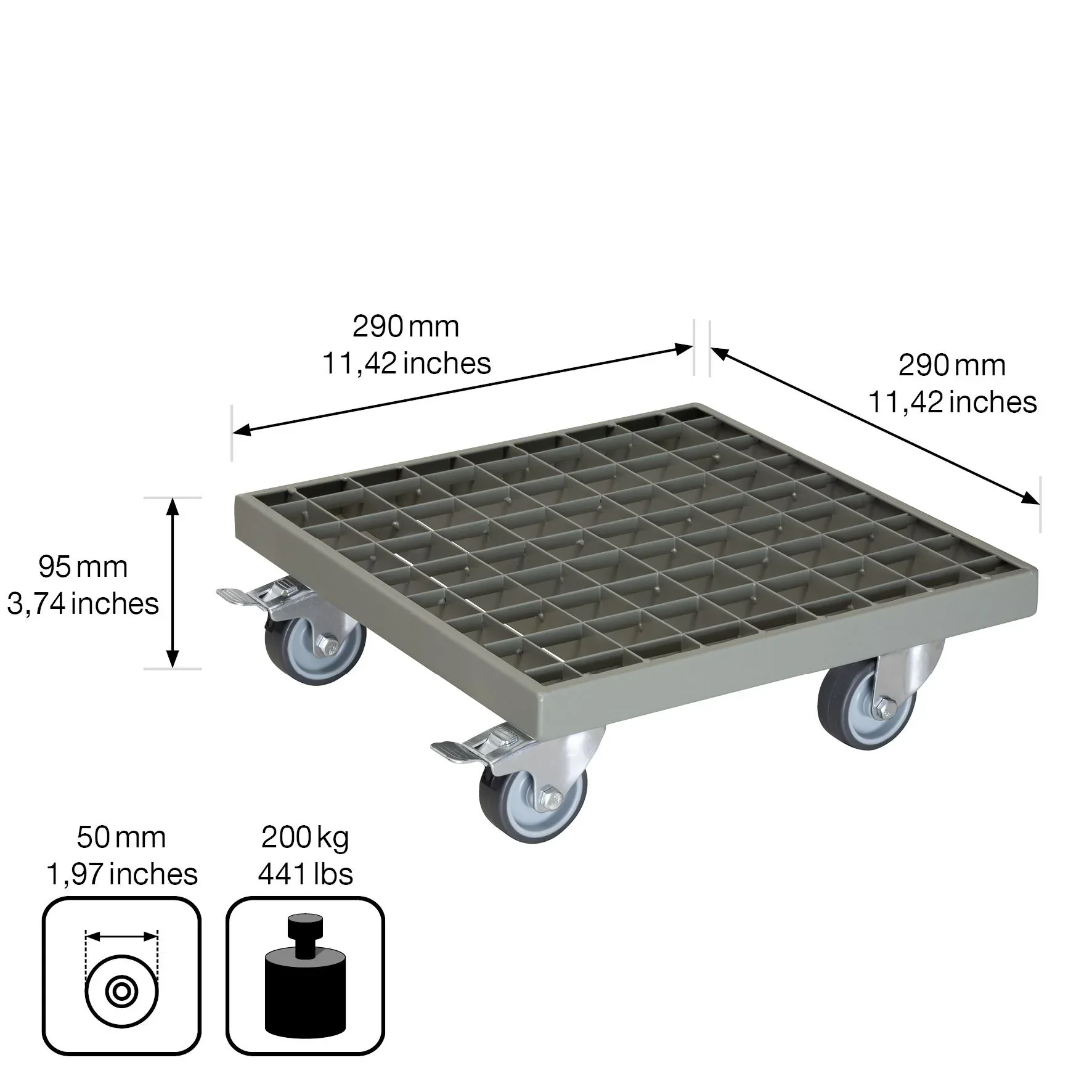 Multi Roller MR 7016, 29 x 29 x 9,5 cm, softe Rollen Ø 50 mm, Rollenlager, 2 Bremsen, Gitterrost, Tragkraft 200 kg - 0