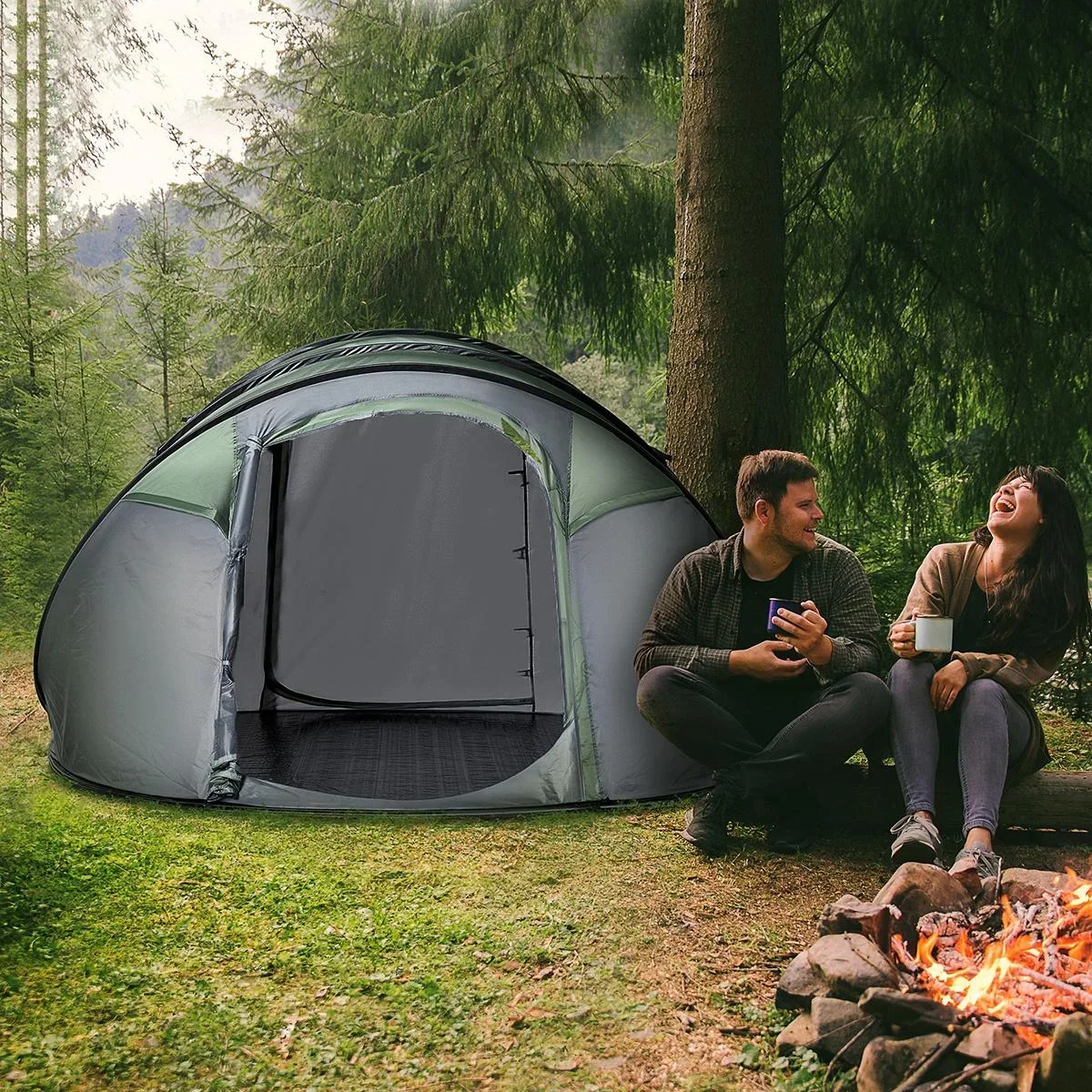Zelt für 4-5 Personen Campingzelt mit Heringen Kuppelzelt Polyester B3 Gitter Glasfaser Dunkelgrün+Grau 263,5 x 220 x 12 - 0