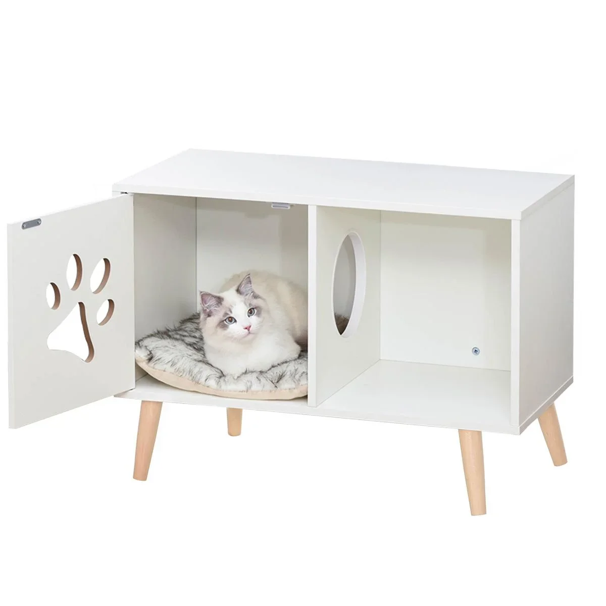 2-in-1 Katzenhaus Katzentoilette Katzenhöhle Katzenwohnung mit magnetischer Türen Kissen Spanplatte Kiefernholz Nylon - 2