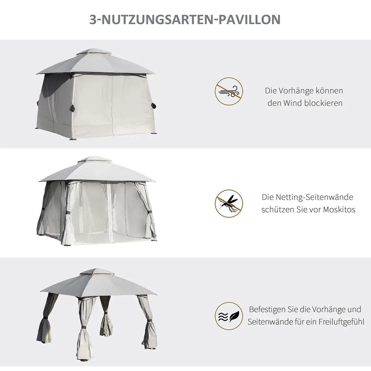 Pavillon mit Seitenwände Partyzelt mit Doppeldach 3x3x2,8m Festzelt Gartenlaube Stahl Polyester Hellgrau - 0