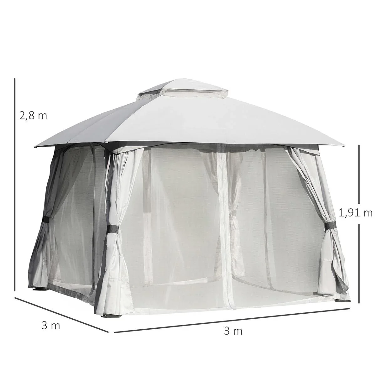 Pavillon mit Seitenwände Partyzelt mit Doppeldach 3x3x2,8m Festzelt Gartenlaube Stahl Polyester Hellgrau - 1