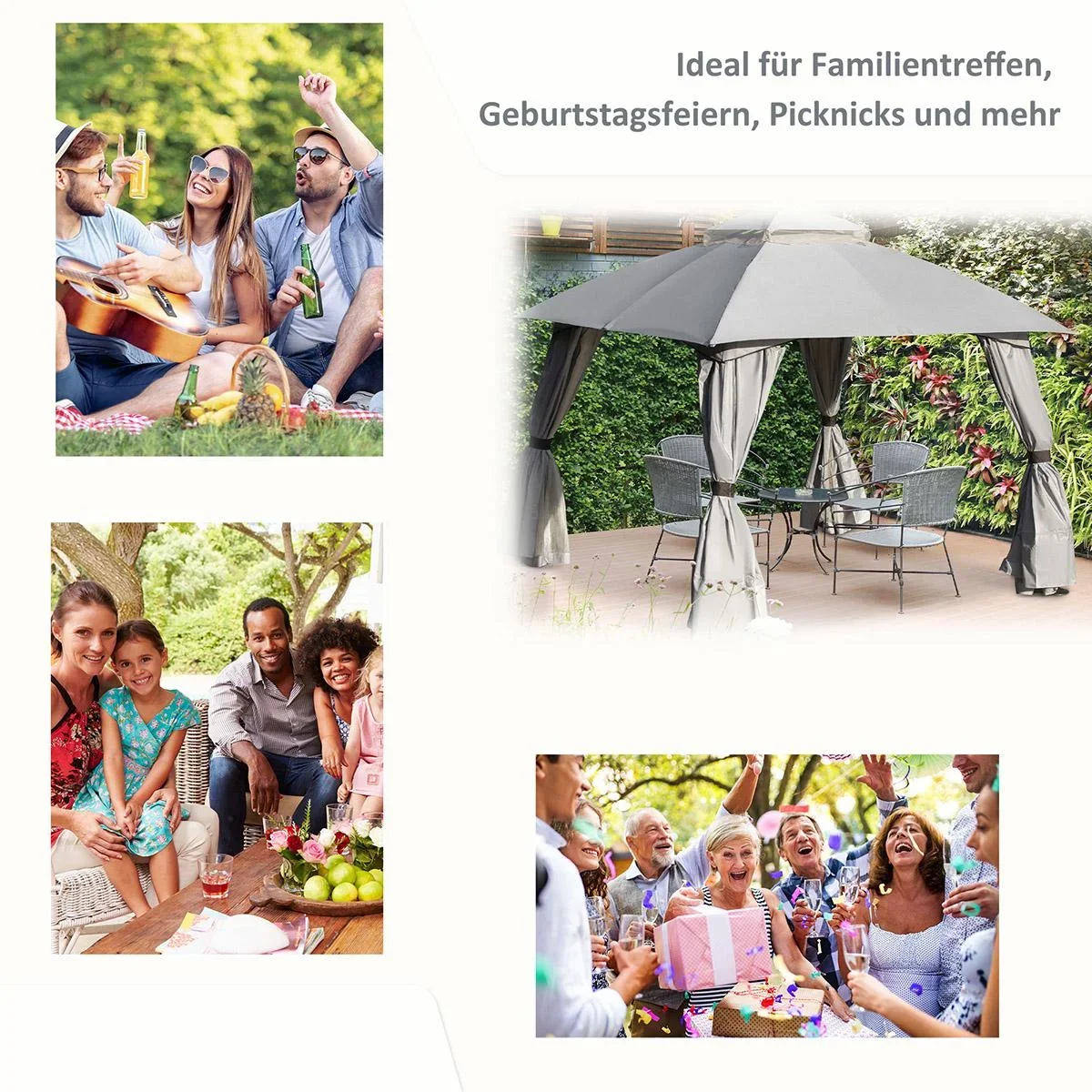 Pavillon mit Seitenwände Partyzelt mit Doppeldach 3x3x2,8m Festzelt Gartenlaube Stahl Polyester Hellgrau - 3