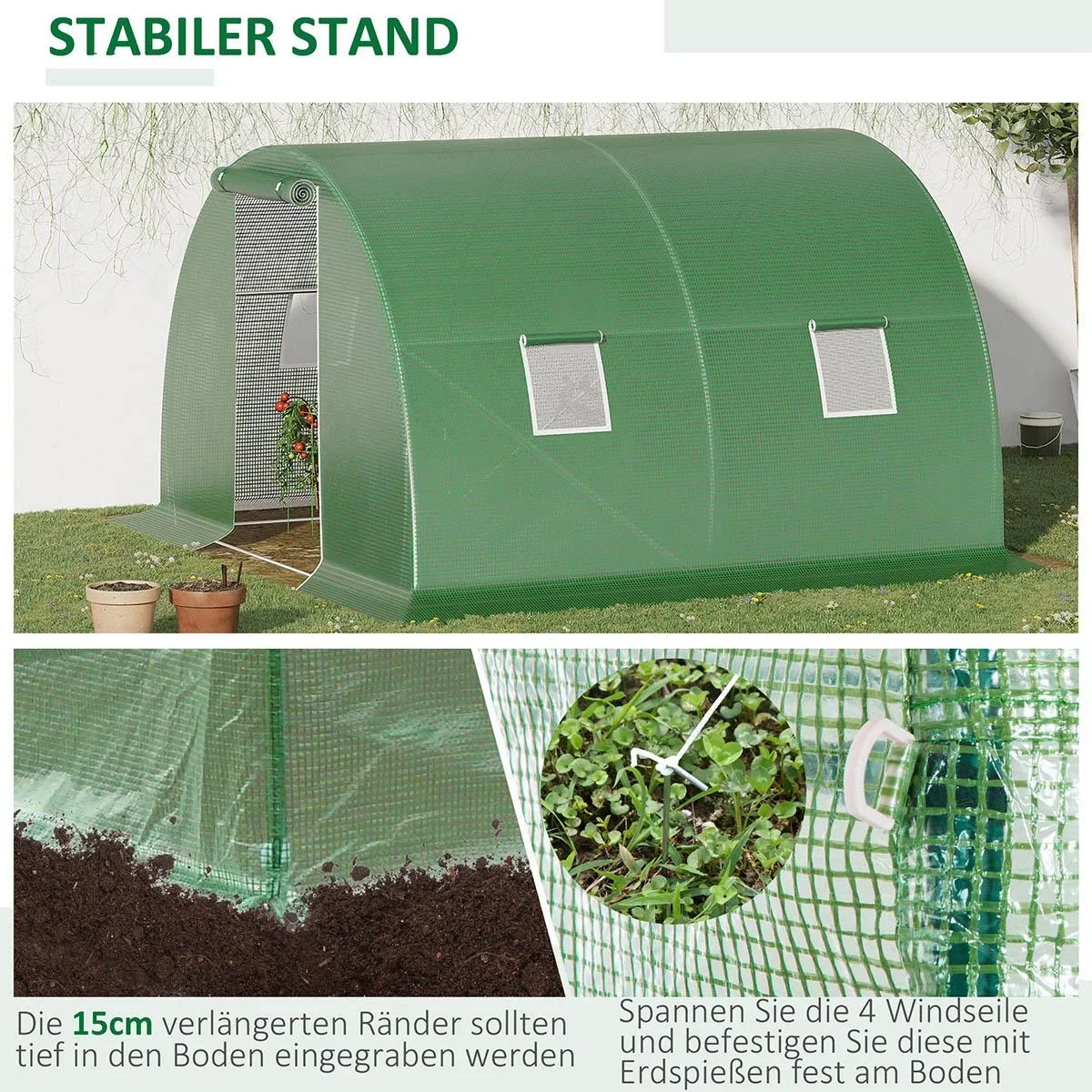 Foliengewächshaus begehbares Polytunnel 3 x 3 m Gewächshaus mit 4 Fenster Treibhaus Frostschutz Stahlrohr Dunkelgrün - 0