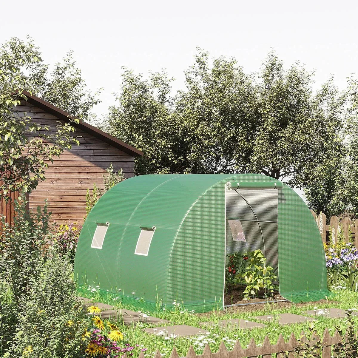 Foliengewächshaus begehbares Polytunnel 3 x 3 m Gewächshaus mit 4 Fenster Treibhaus Frostschutz Stahlrohr Dunkelgrün - 2
