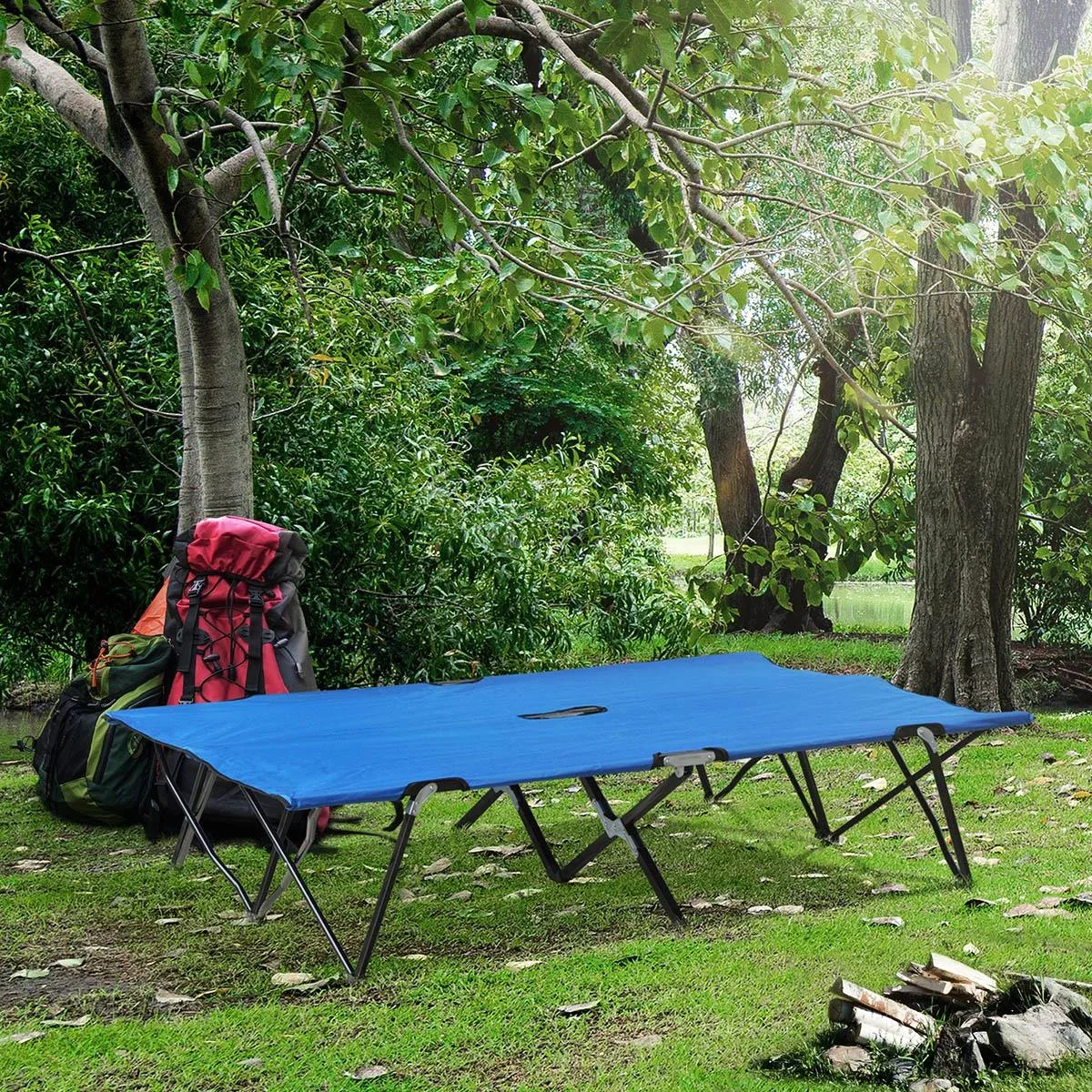 Campingbett Klappbar für 2 Personen Feldbett Klappbett mit Tragetasche bis 136 kg belastbar Stahl Oxford Blau+Schwarz 19 - 1