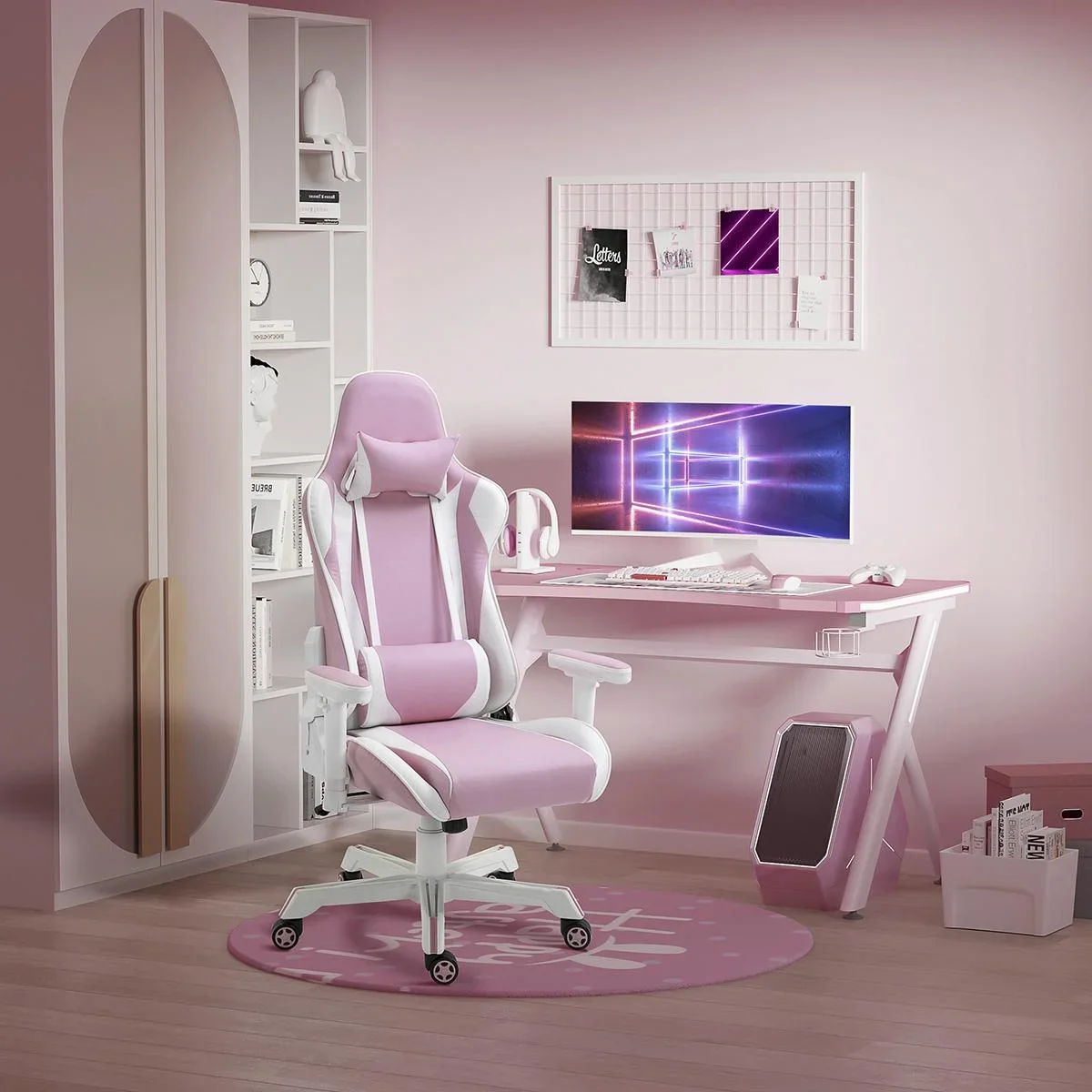 Gamingstuhl mit Kopfstütze Lendenkissen Bürostuhl höhenverstellbar Schaumstoff Kunstleder Nylon Rosa+Weiß 71 x 73 x 128- - 1