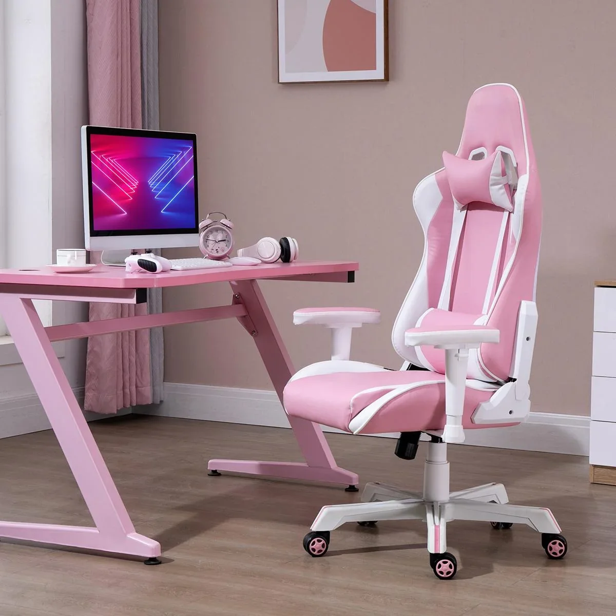 Gamingstuhl mit Kopfstütze Lendenkissen Bürostuhl höhenverstellbar Schaumstoff Kunstleder Nylon Rosa+Weiß 71 x 73 x 128- - 2