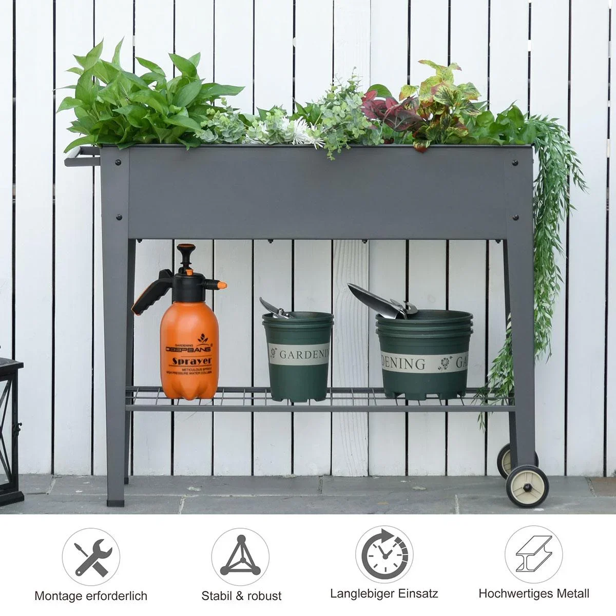 Hochbeet mit Rädern und Regal für Garten und Balkon Kräuterbeet Pflanzenbeet Metall Kunststoff Grau 104 x 39 x 80 cm - 0