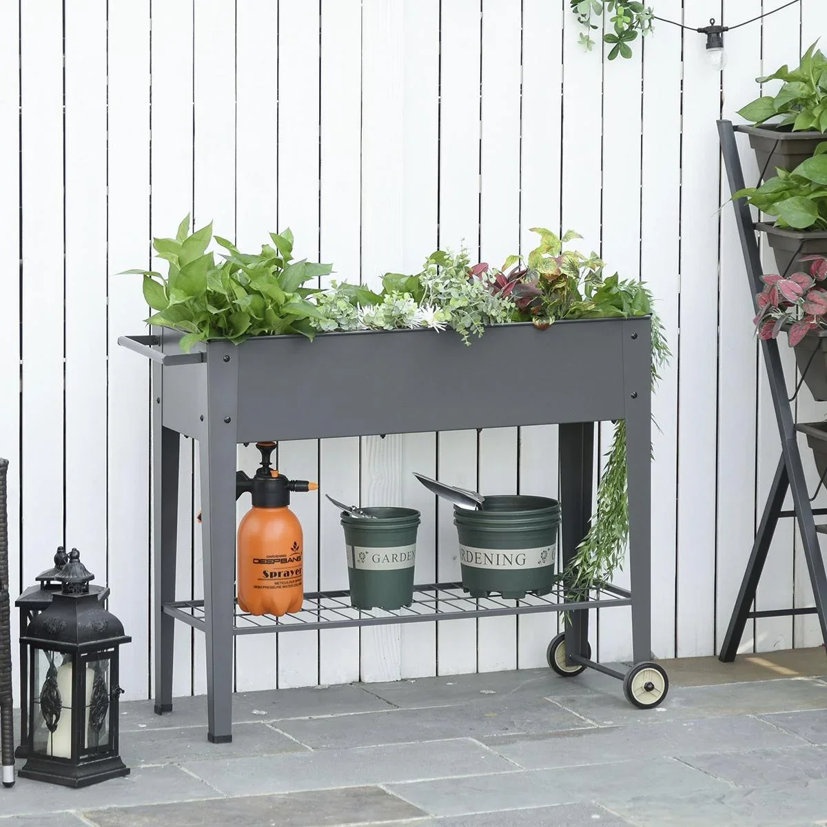 Hochbeet mit Rädern und Regal für Garten und Balkon Kräuterbeet Pflanzenbeet Metall Kunststoff Grau 104 x 39 x 80 cm - 1