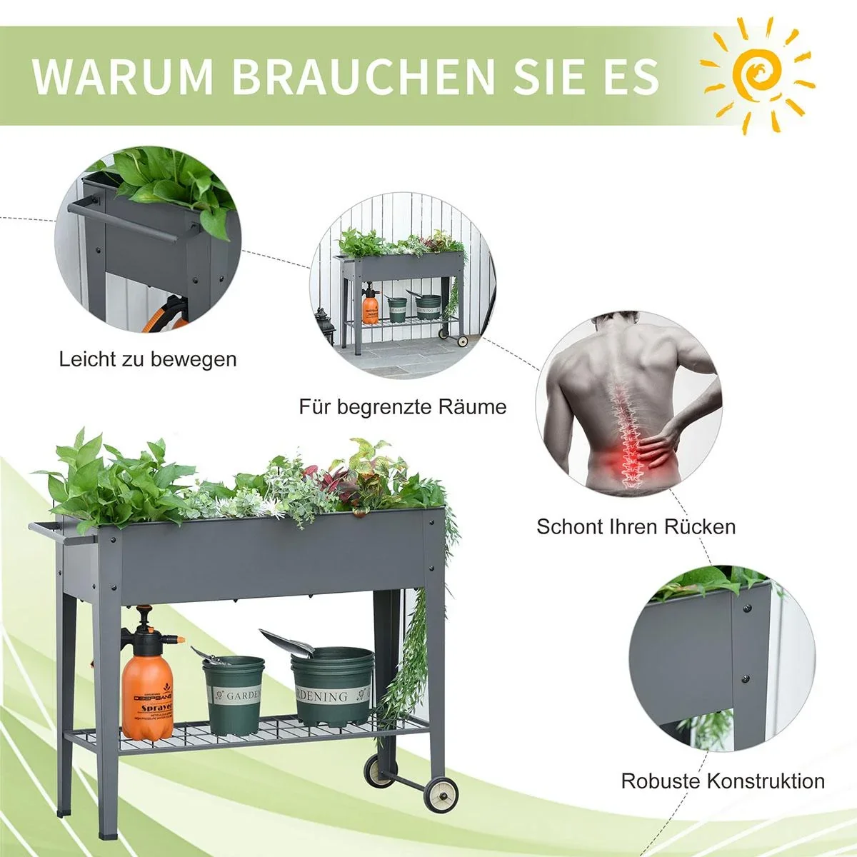 Hochbeet mit Rädern und Regal für Garten und Balkon Kräuterbeet Pflanzenbeet Metall Kunststoff Grau 104 x 39 x 80 cm - 2
