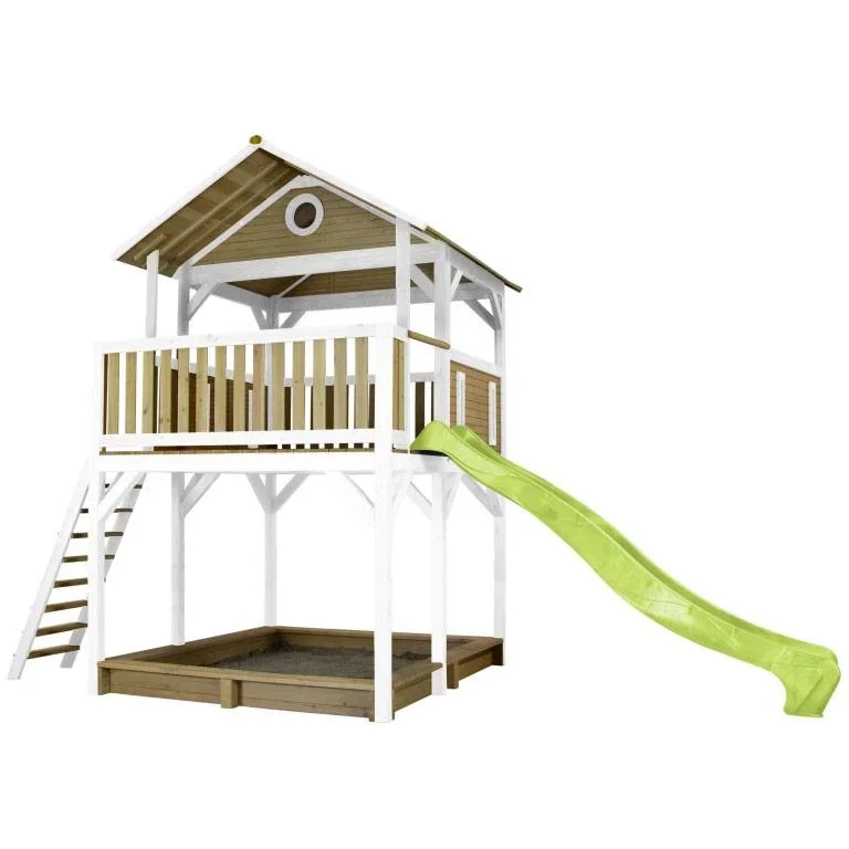 Woody Spielturm Braun/Weiß - Lindgrüne Rutsche - 0