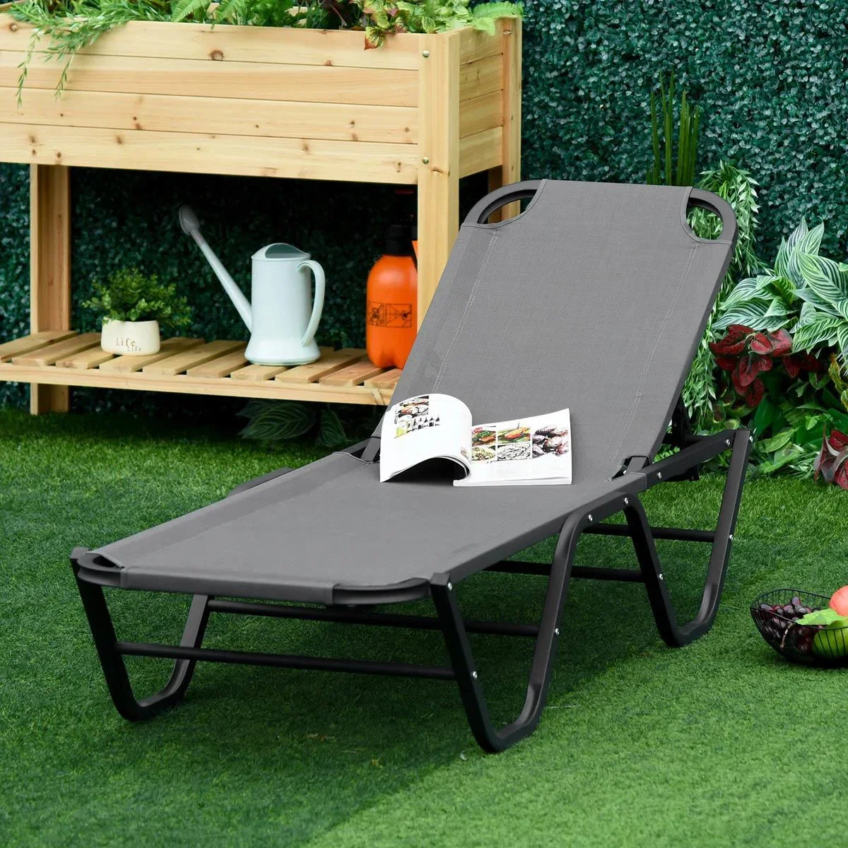 Sonnenliege Strandliege 5-Stufige Alu Gartenliege Relaxliege Texteline Grau+Schwarz 163 x 58,5 x 91 cm - 0
