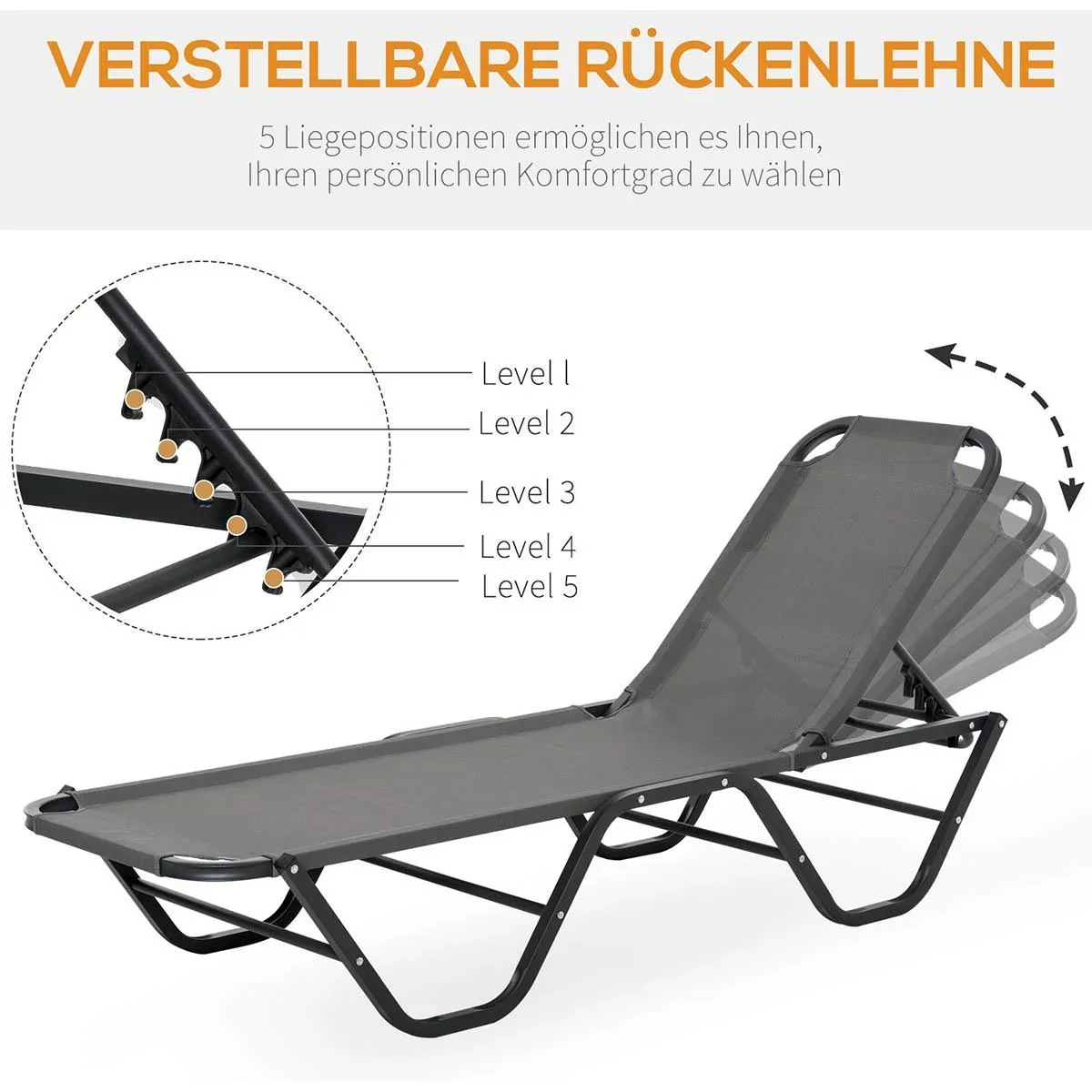 Sonnenliege Strandliege 5-Stufige Alu Gartenliege Relaxliege Texteline Grau+Schwarz 163 x 58,5 x 91 cm - 2