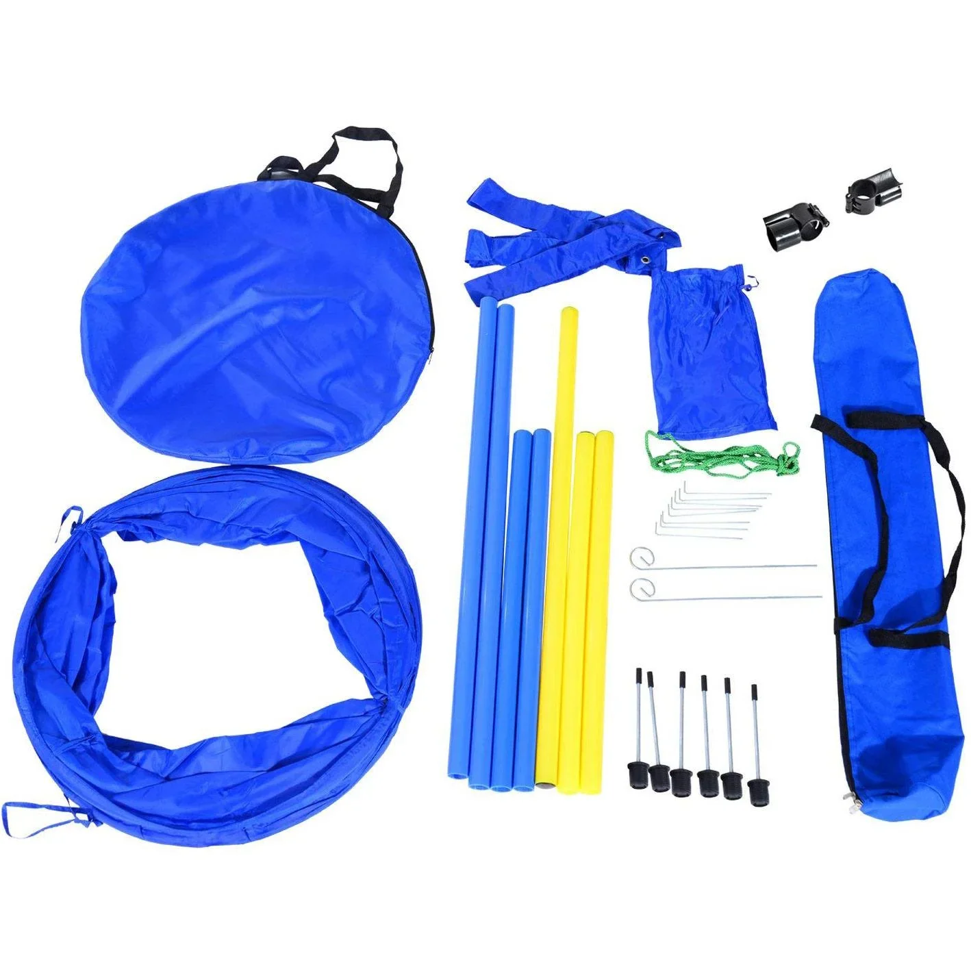 Hund Agility Set/Slalom Tunnel Hürde inkl. Tragetasche Blau/Gelb - 4