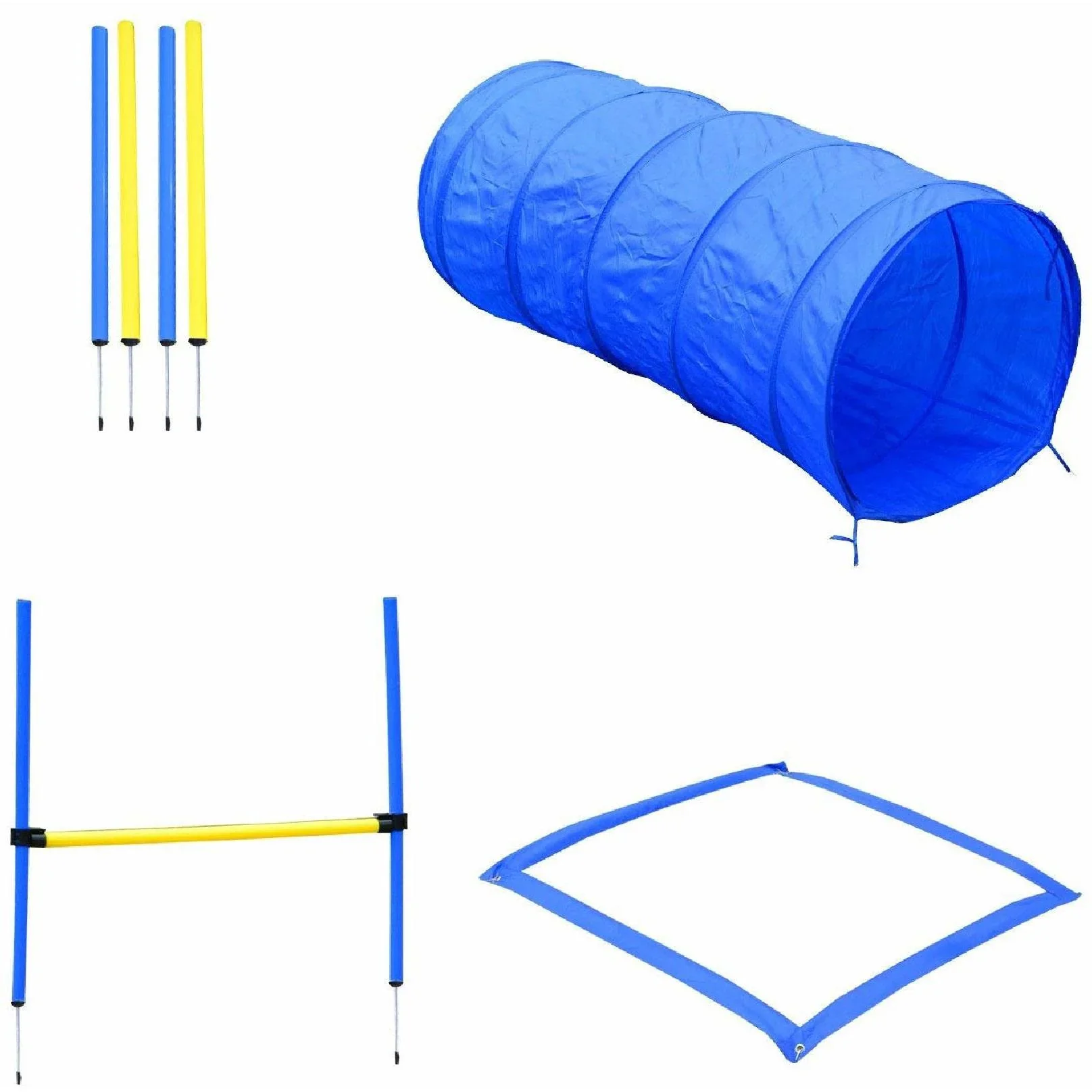 Hund Agility Set/Slalom Tunnel Hürde inkl. Tragetasche Blau/Gelb - 7