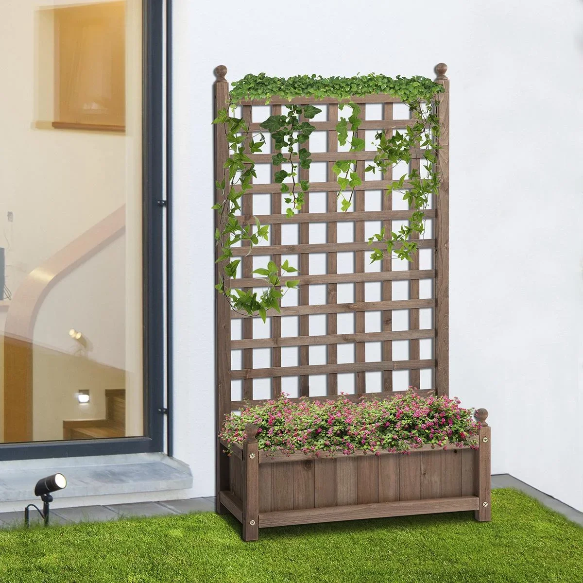 Pflanzkasten mit Rankgitter Blumenkasten Rankkasten Rosenbogen mit Rankhilfe für Kletterpflanzen Garten Holz Dunkelbrau - 2