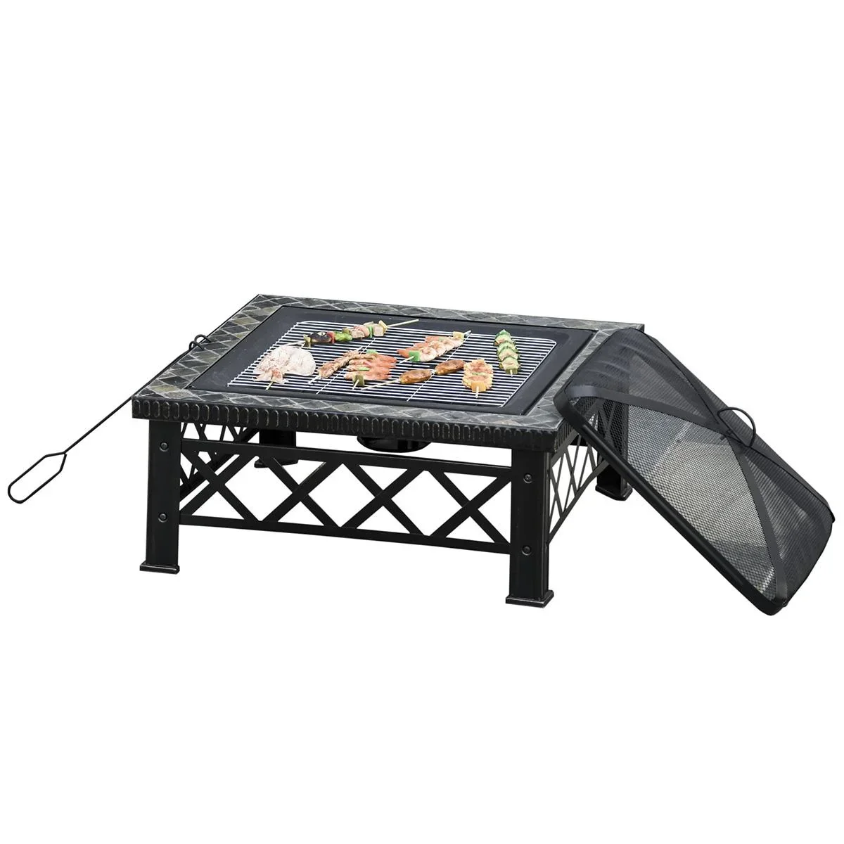 3-in-1 Feuerschale Feuerkorb Feuerstelle mit Funkenschutz Grillrost Eiskübel Garten BBQ Schwarz 76 x 76 x 47 cm - 0