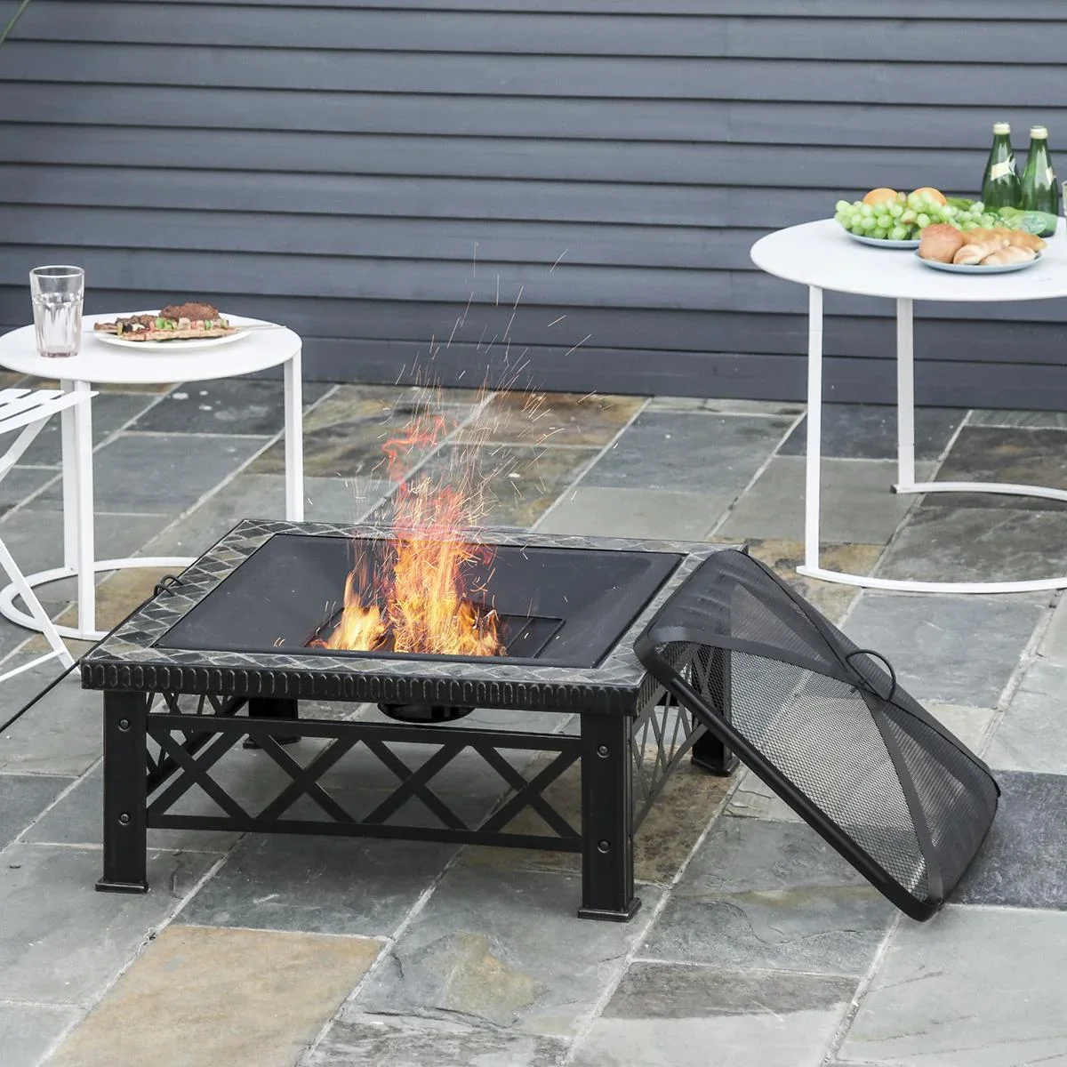 3-in-1 Feuerschale Feuerkorb Feuerstelle mit Funkenschutz Grillrost Eiskübel Garten BBQ Schwarz 76 x 76 x 47 cm - 1
