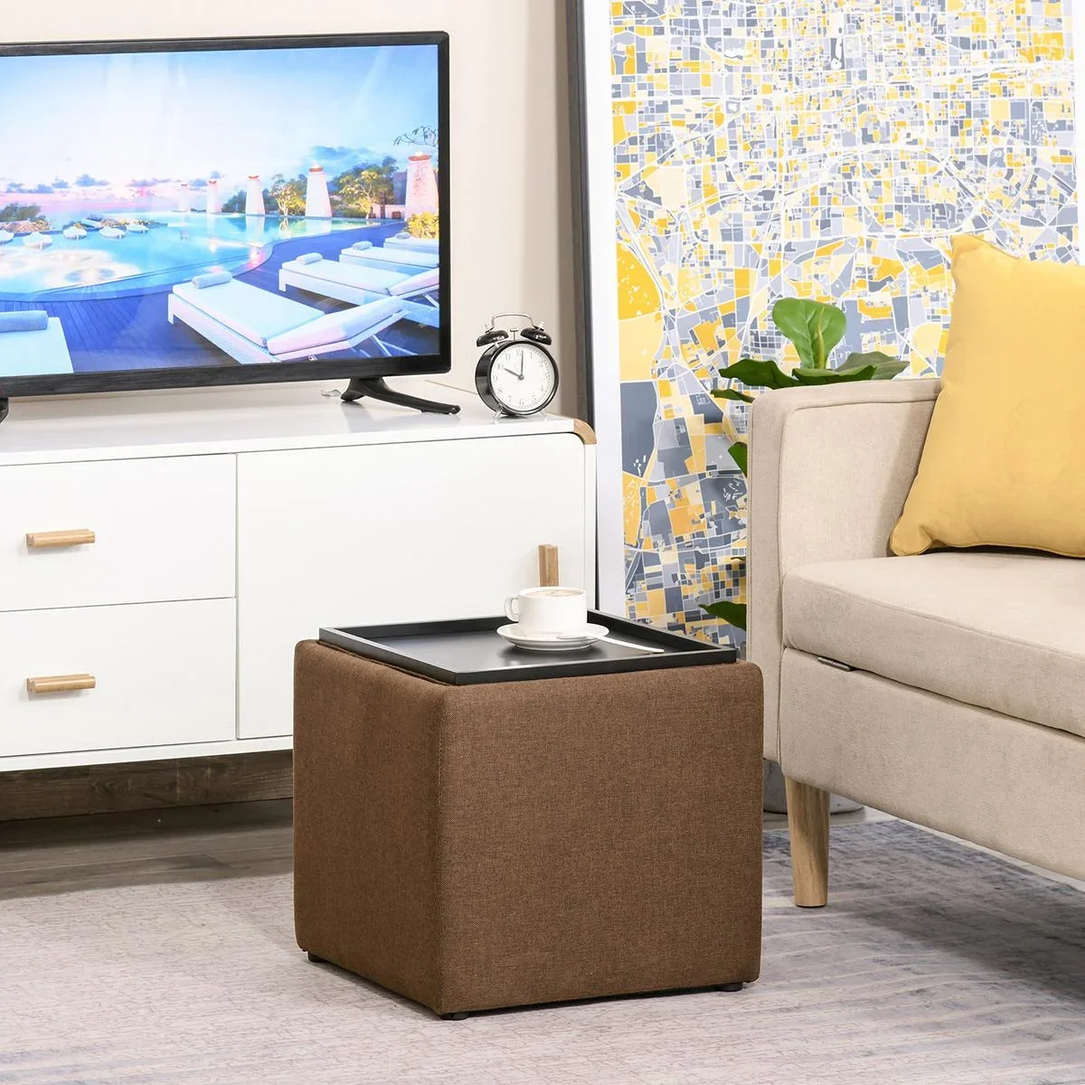 Sitzhocker mit Stauraum, Fußhocker, Polsterhocker, Aufbewahrungsbox, Deckel Abnehmbar, Leinen, Braun, 42 x 42 x 41 cm - 1