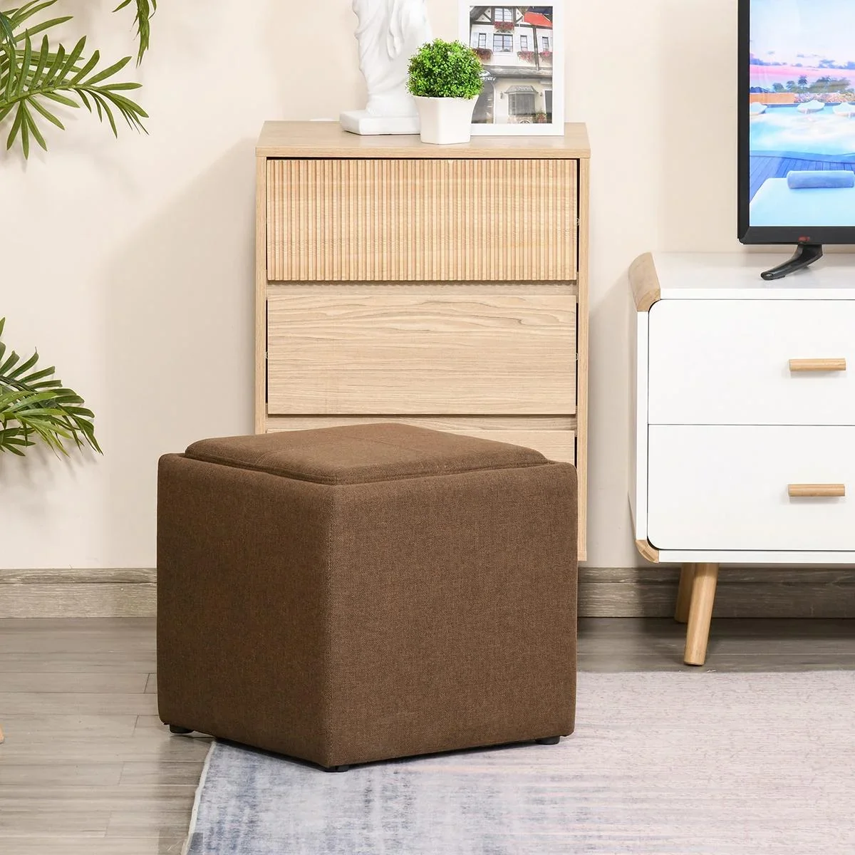 Sitzhocker mit Stauraum, Fußhocker, Polsterhocker, Aufbewahrungsbox, Deckel Abnehmbar, Leinen, Braun, 42 x 42 x 41 cm - 2