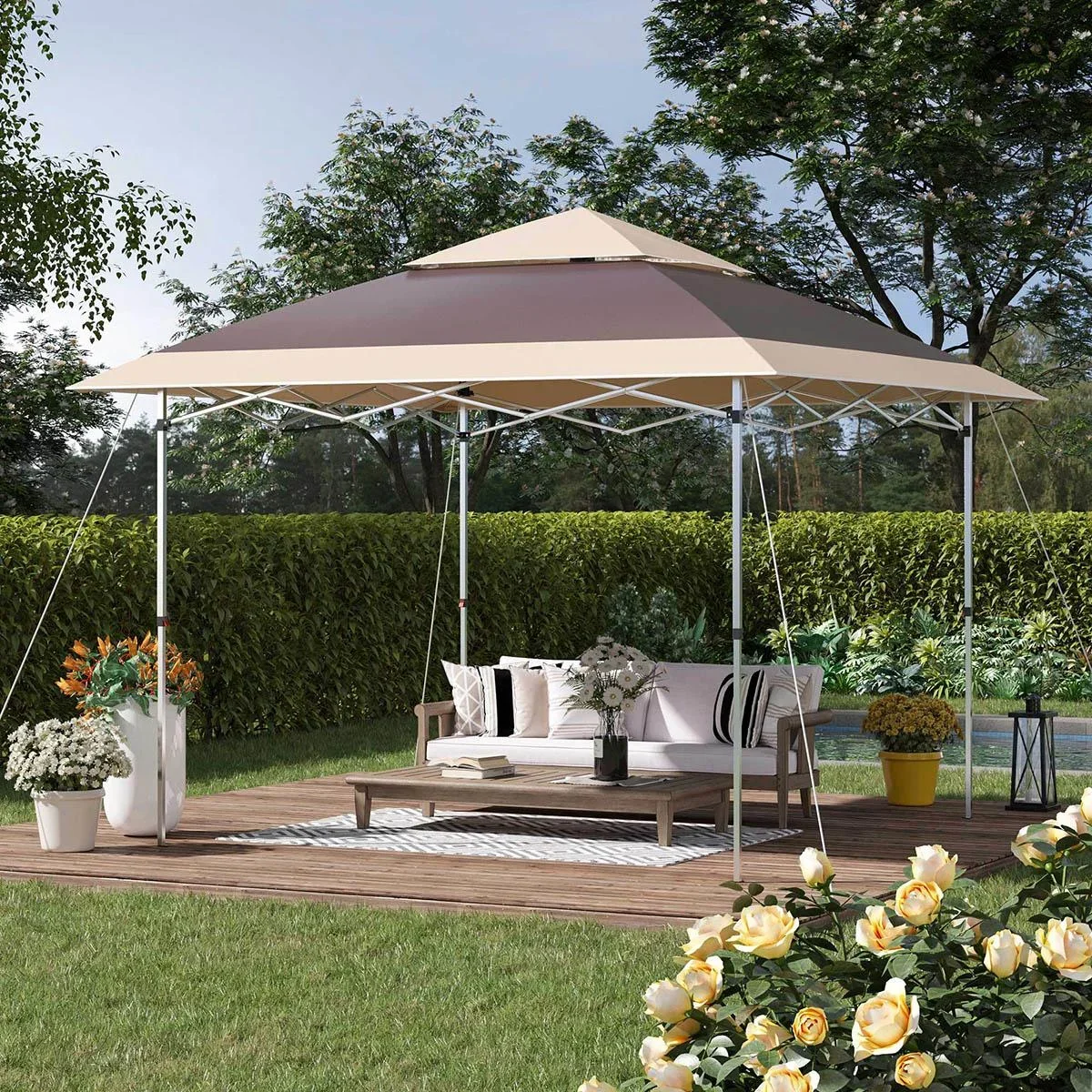 Gazebo faltbar - Pavillon mit Rolltasche - 3,6 x 3,6 m - Braun/Khaki - 1