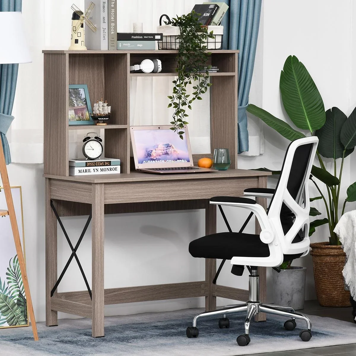 Schreibtisch mit 4 kleine Bücherregal aus Spanplatte platzsparend und geeignet für Schlafzimmer Büro Natur 105 x 50 x 13 - 1