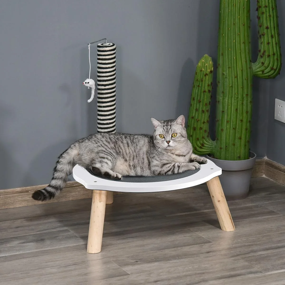 Katzenbett, Katzen Bettchen Gross, Katzenfangpfosten und Spielzeug-Maus, MDF, Tannenholz, Oxford-Tuch, Sisal, Weiß+Grau+ - 1