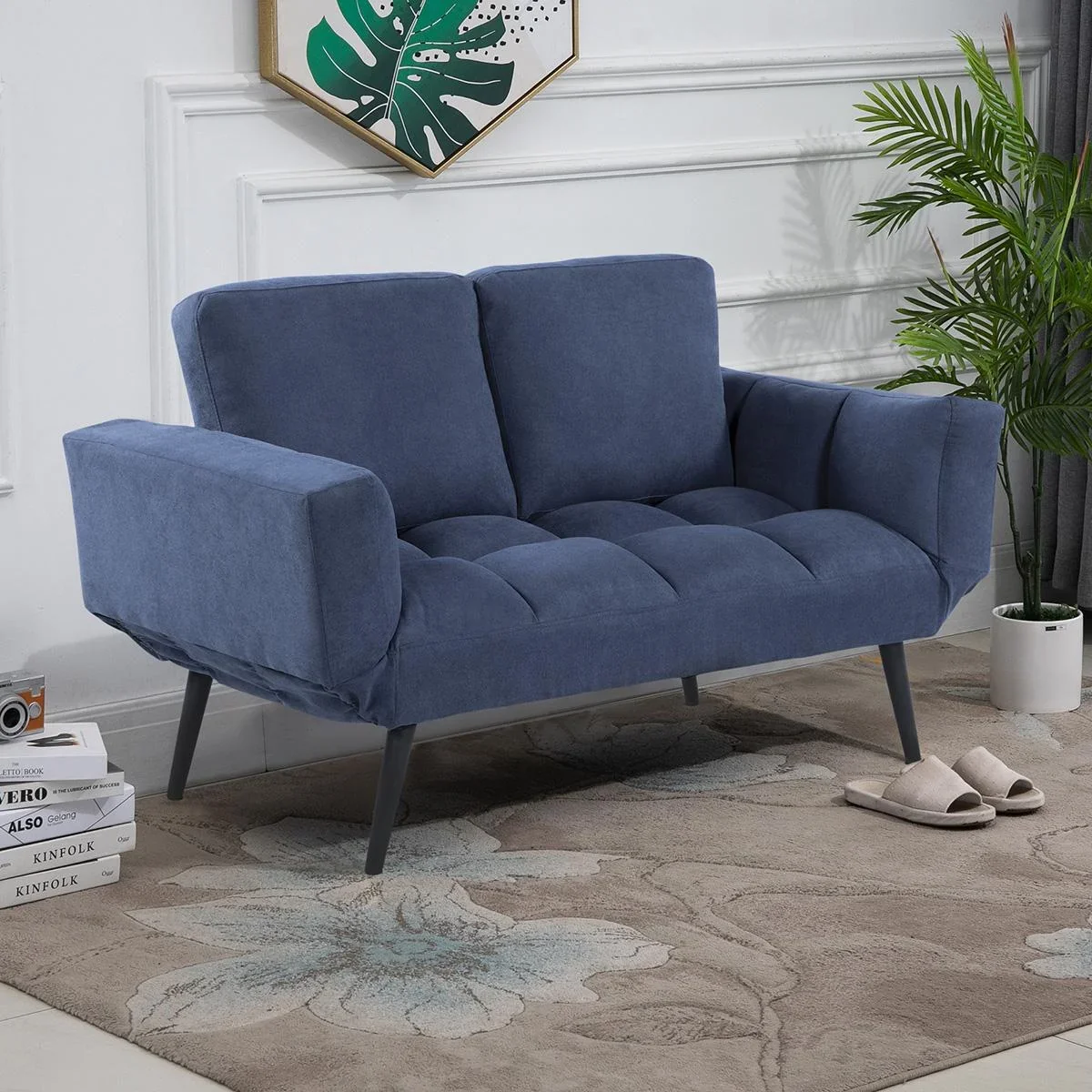 Schlafsofa Klappsofa 2-Sitzer Stoffsofa Bettsofa Sofa mit Schlaffunktion Sofagarnitur Samt Metall Blau 151 x 75 x 83 cm - 0