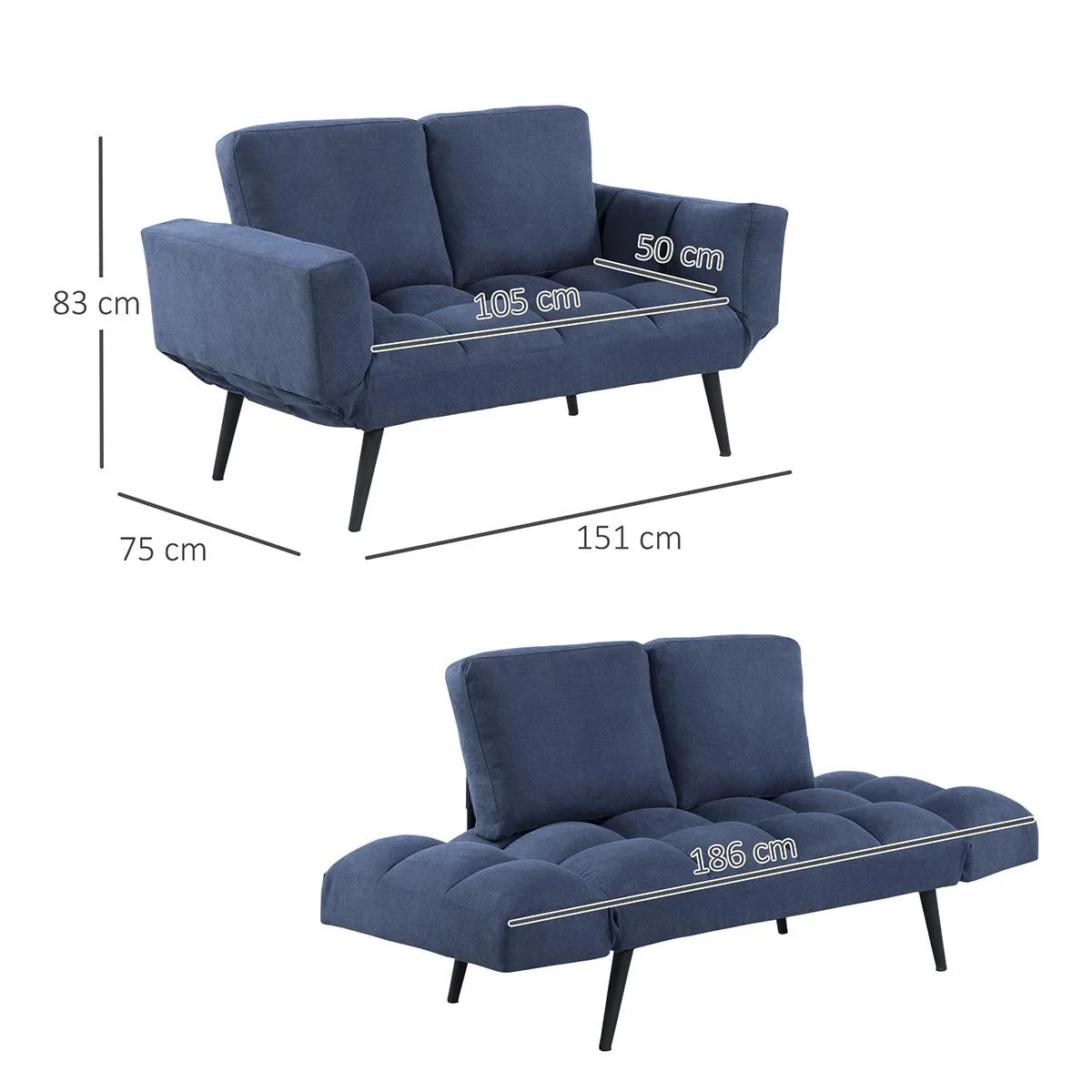 Schlafsofa Klappsofa 2-Sitzer Stoffsofa Bettsofa Sofa mit Schlaffunktion Sofagarnitur Samt Metall Blau 151 x 75 x 83 cm - 1