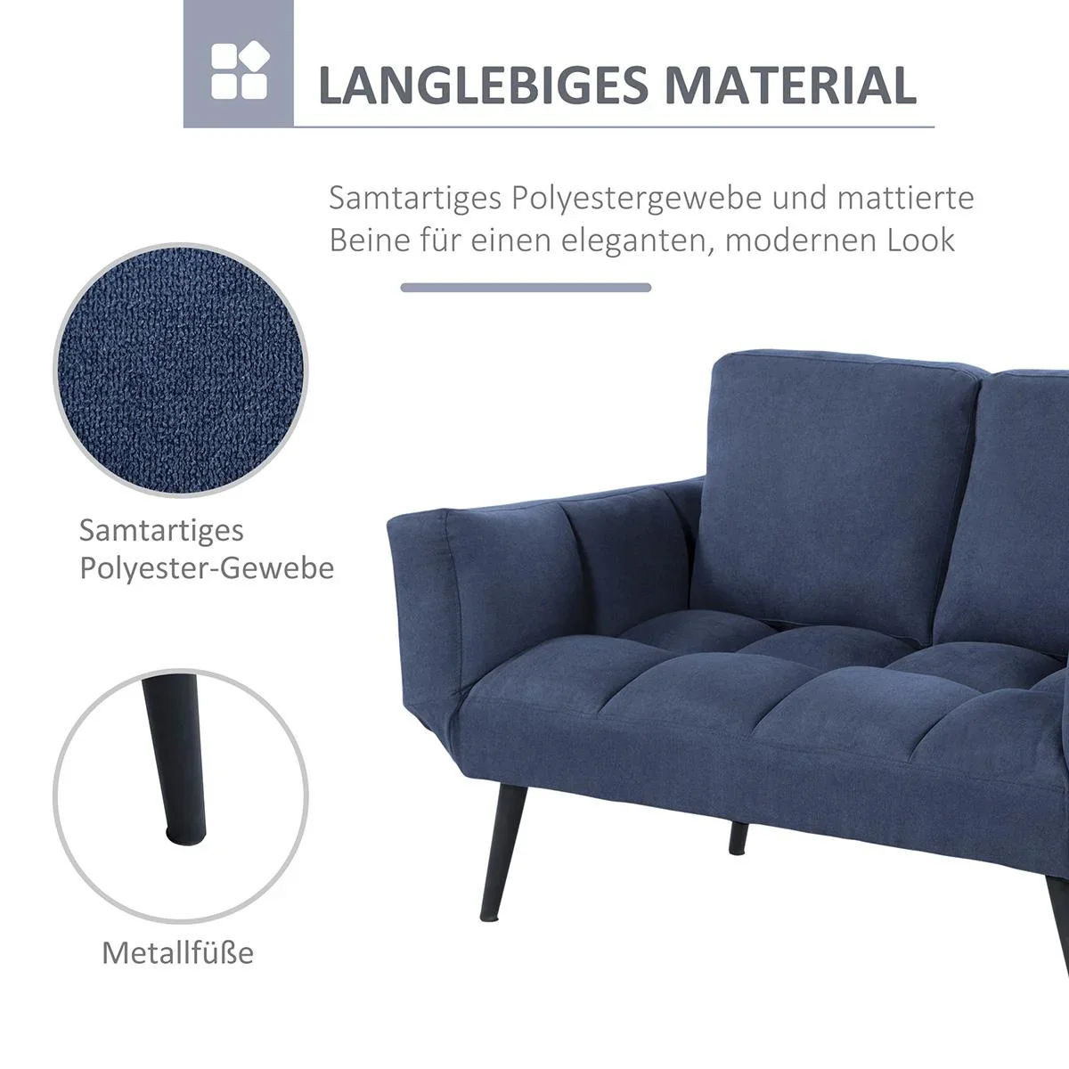 Schlafsofa Klappsofa 2-Sitzer Stoffsofa Bettsofa Sofa mit Schlaffunktion Sofagarnitur Samt Metall Blau 151 x 75 x 83 cm - 2