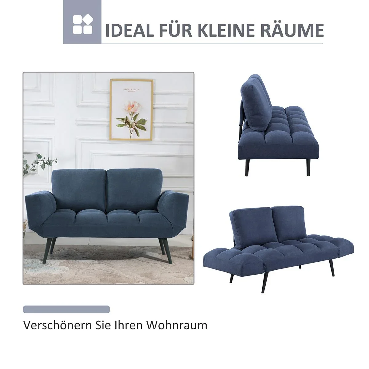 Schlafsofa Klappsofa 2-Sitzer Stoffsofa Bettsofa Sofa mit Schlaffunktion Sofagarnitur Samt Metall Blau 151 x 75 x 83 cm - 3