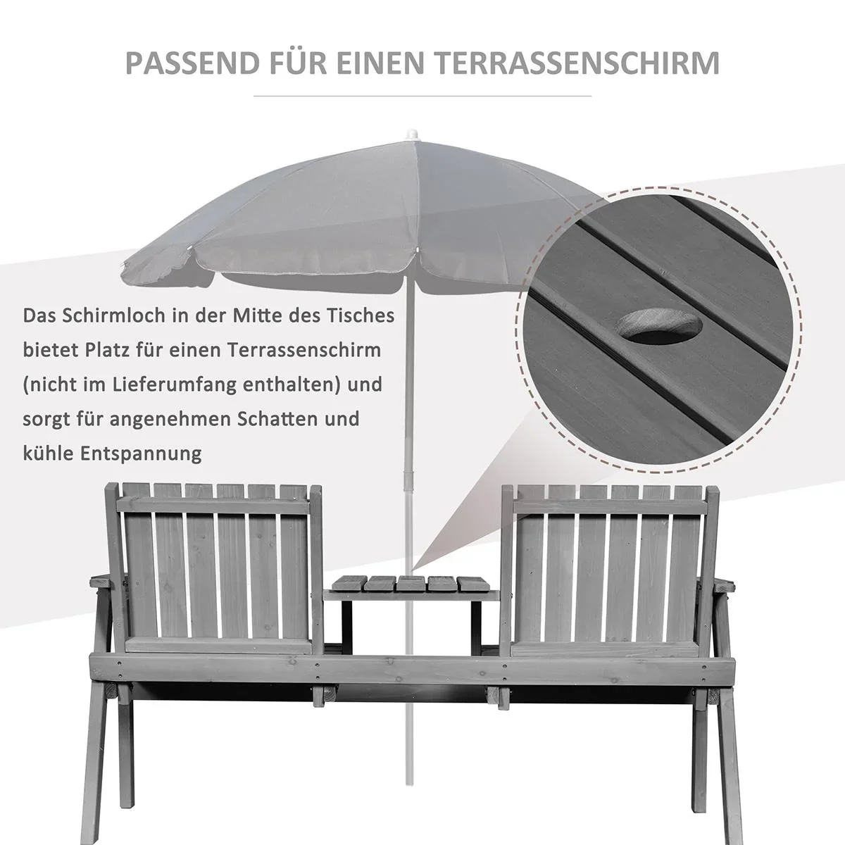 Gartenbank mit Tisch, Sitzgruppe, Gartenmöbel, mit Regenschirmloch, Sitzbank, 2 Stühle, Massivholz, Kaffee, 152 x 70 x 7 - 2