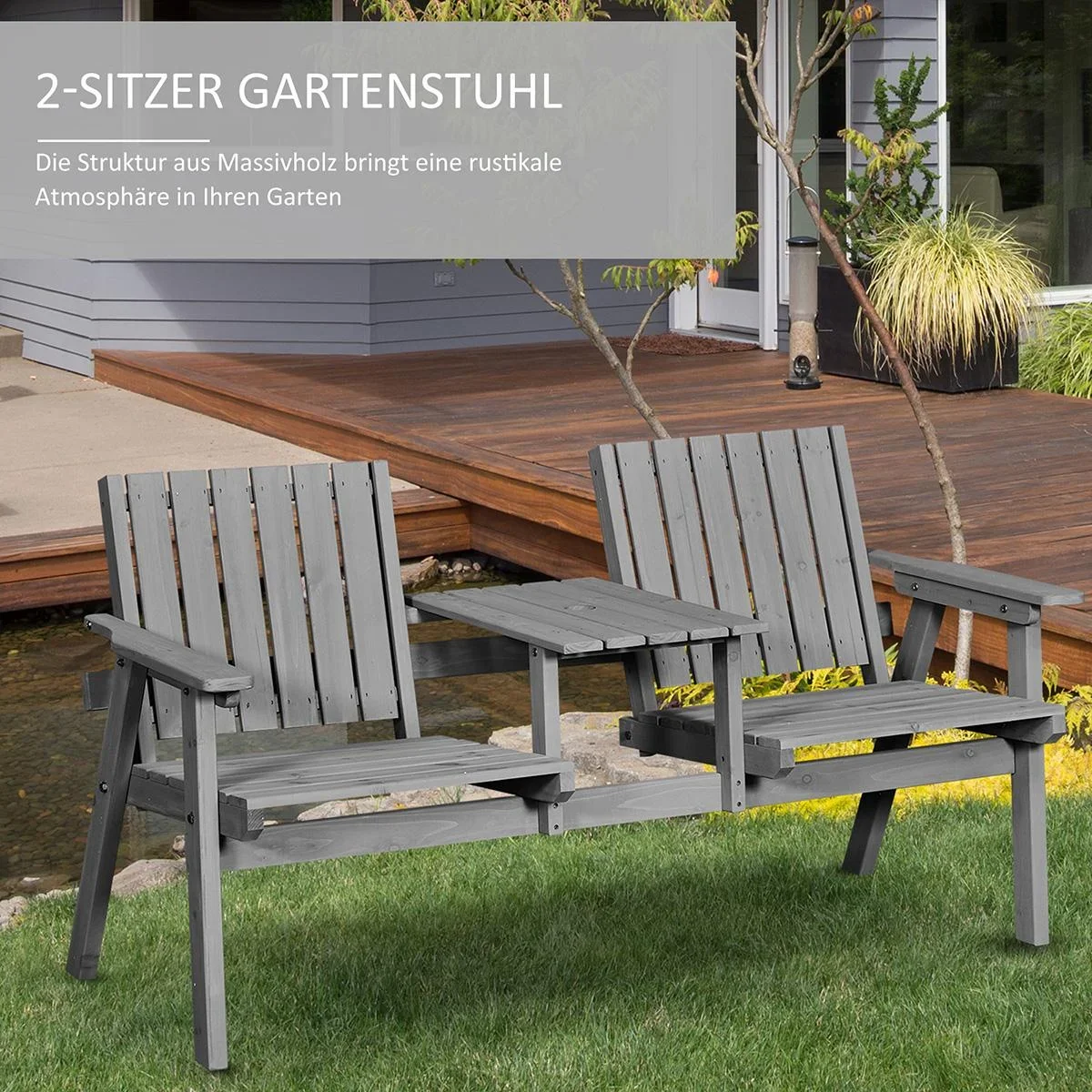 Gartenbank mit Tisch, Sitzgruppe, Gartenmöbel, mit Regenschirmloch, Sitzbank, 2 Stühle, Massivholz, Kaffee, 152 x 70 x 7 - 3