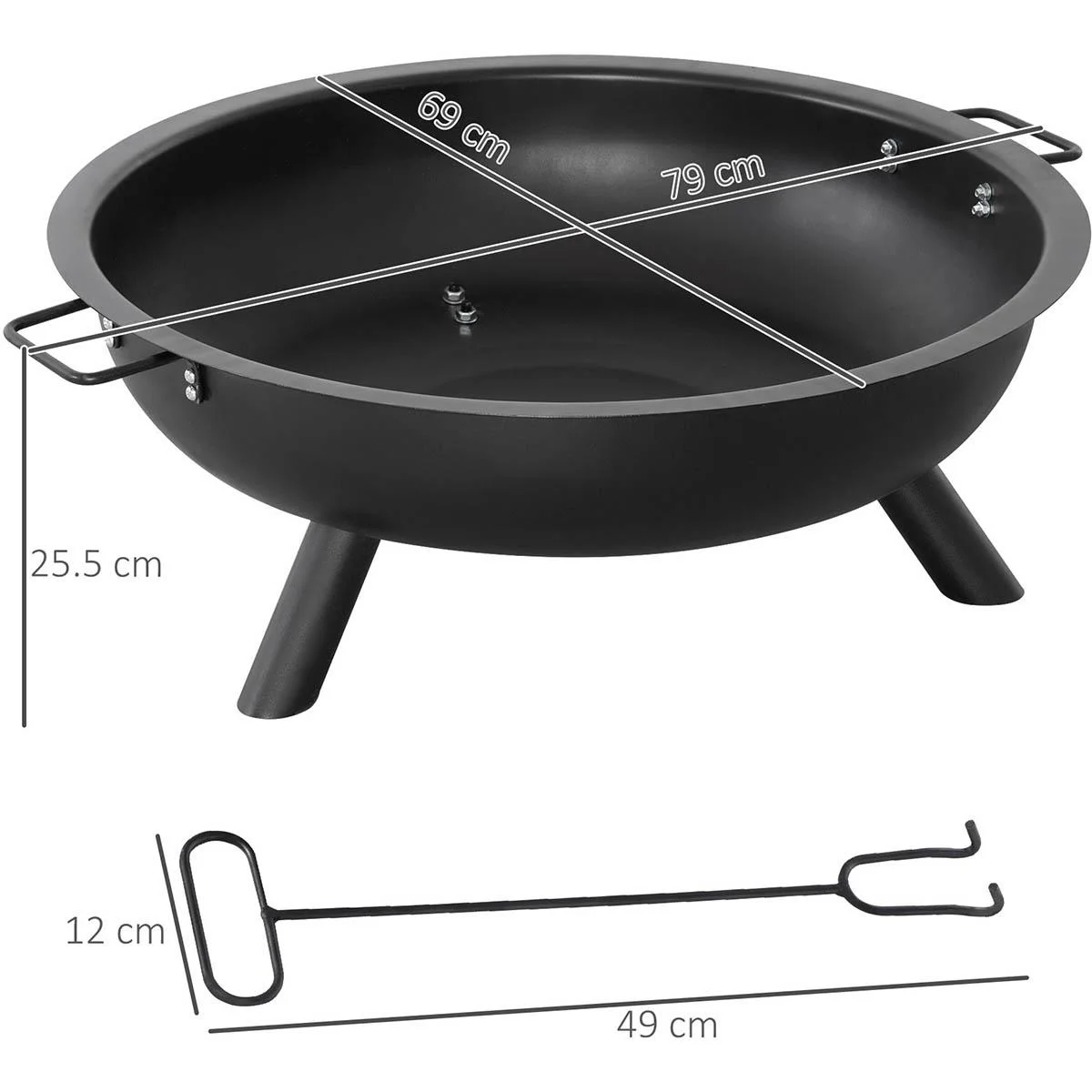 Feuerkorb mit Schürhaken - Stahl - Schwarz - 79 x 69 x 25,5 cm - 0