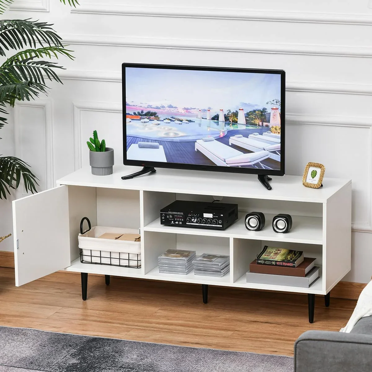 Fernsehtisch Fernsehschrank mit Schrank Regale TV-Board für TVs bis zu 60'' Wohnzimmer Schlafzimmer Spanplatte Metallbei - 0