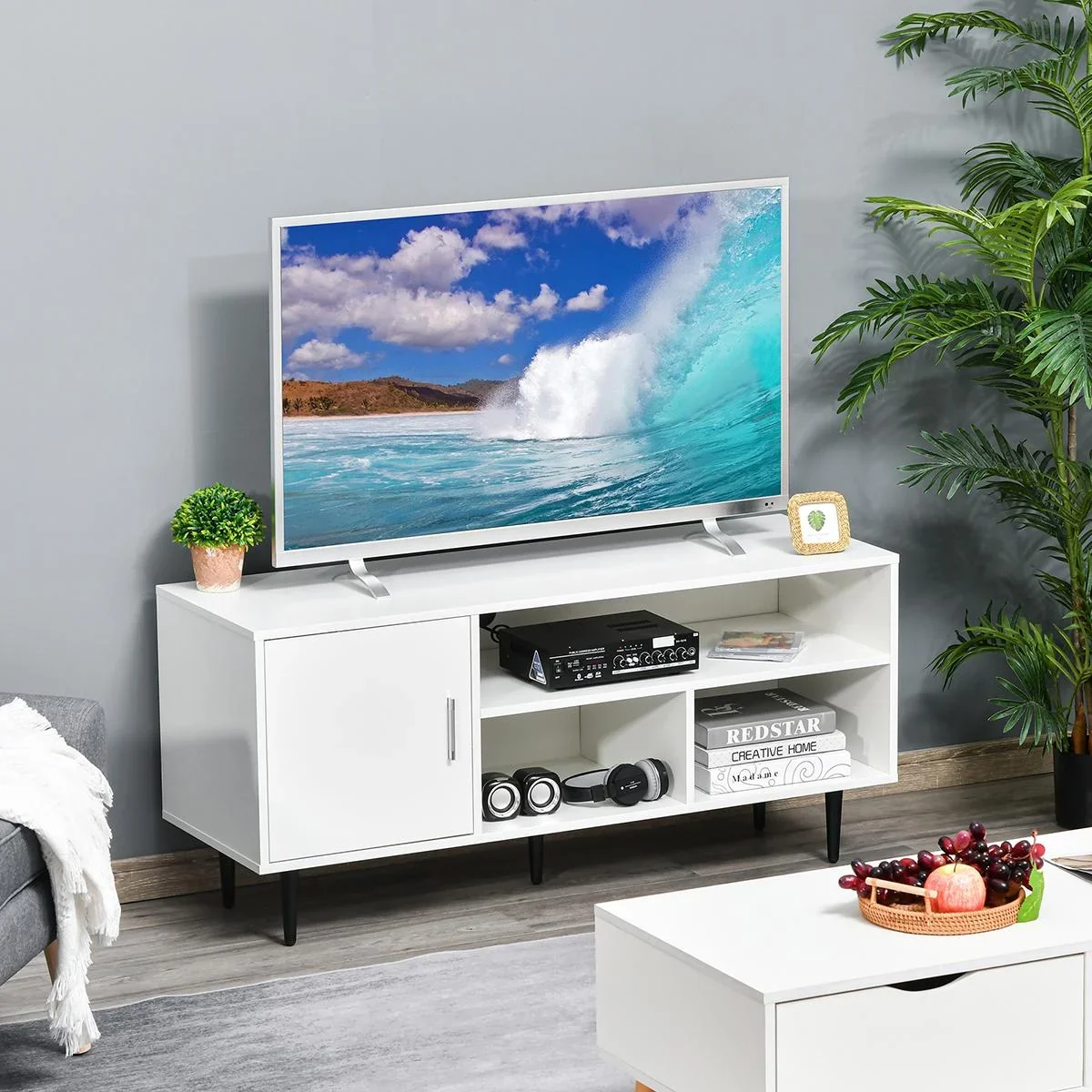 Fernsehtisch Fernsehschrank mit Schrank Regale TV-Board für TVs bis zu 60'' Wohnzimmer Schlafzimmer Spanplatte Metallbei - 1