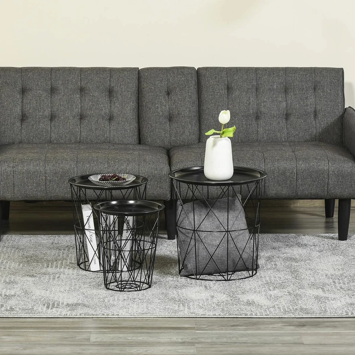 3er-Set Beistelltisch mit Stauraum Nachttisch dekorativer Sofatisch mit abnehmbarem Deckel Korbablage Korbtisch Kaffeeti - 1