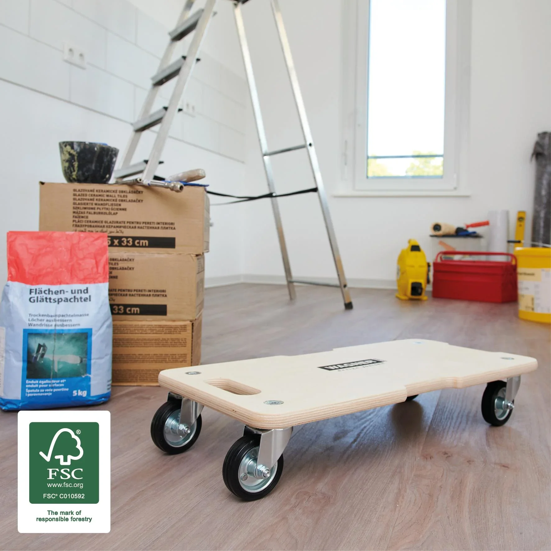Transporthilfe MM 1327, 59 x 29 x 12 cm, harte Rollen Ø 75 mm, Rollenlager, Multiplex Birke FSC®, Tragkraft 300 kg - 0