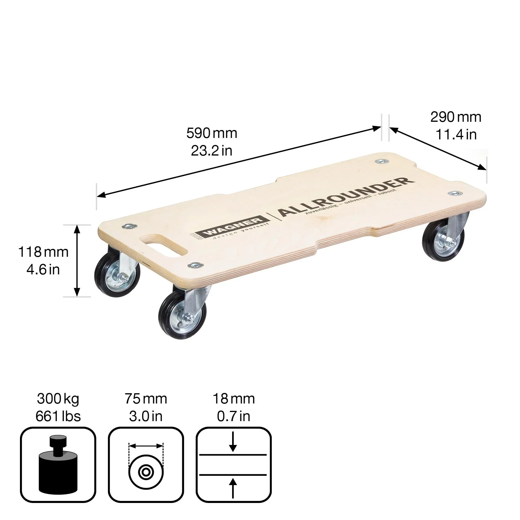Transporthilfe MM 1327, 59 x 29 x 12 cm, harte Rollen Ø 75 mm, Rollenlager, Multiplex Birke FSC®, Tragkraft 300 kg - 2
