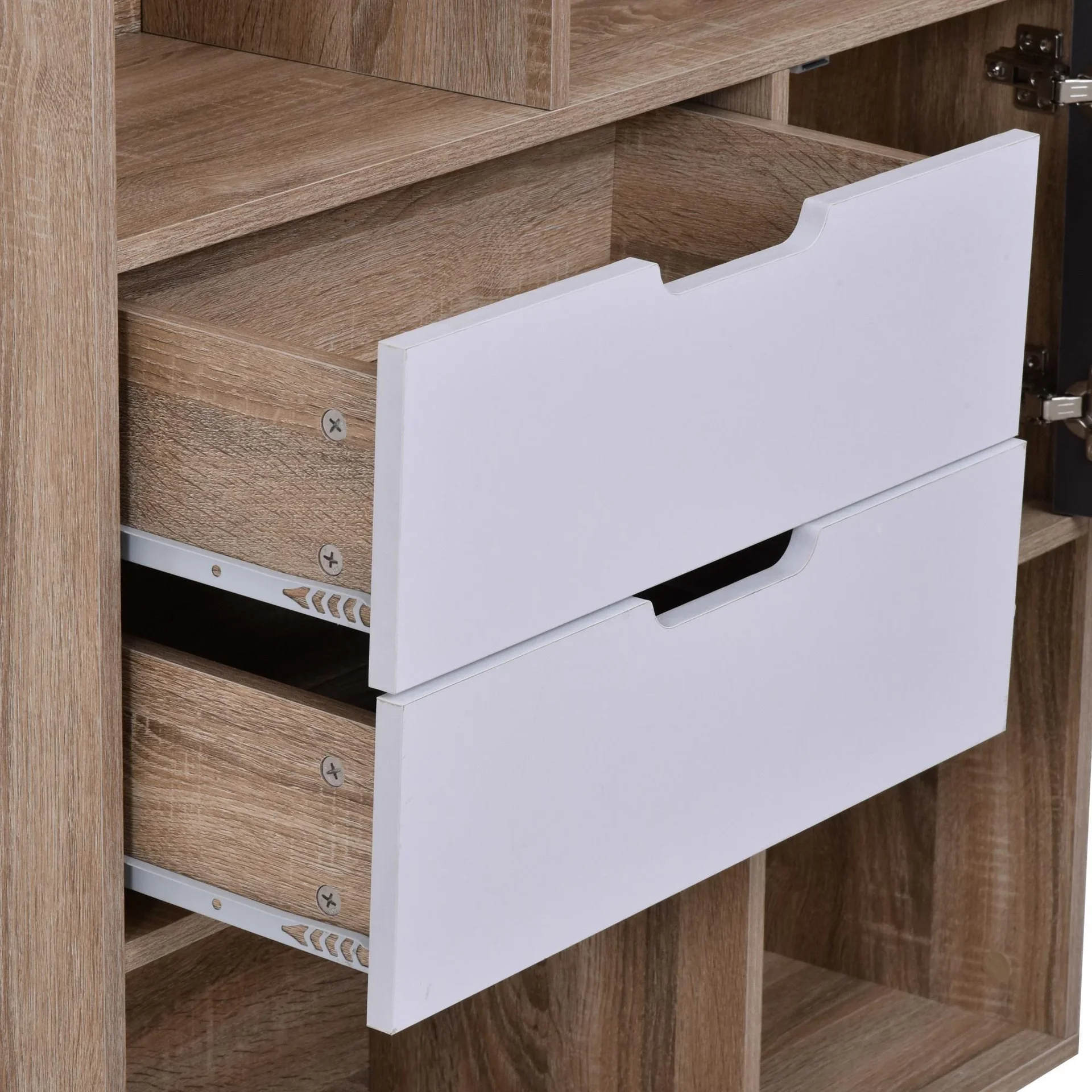 Schrank mit 4 offenen Fächern, 2 Schubladen und 1 Türschrank - 0