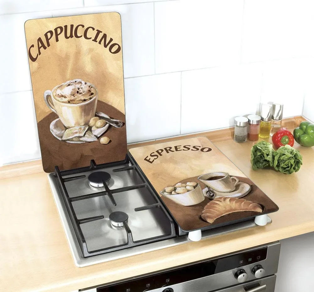 3 in 1 Herd-Abdeckplatten, Schneidbretter, Arbeitsplatten, Glas, Kaffee-Design, je 52 x 30 cm, 2er-Set - 0