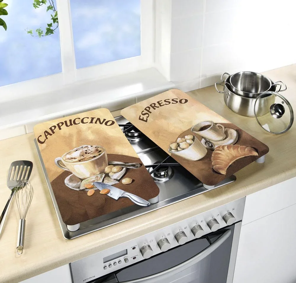 3 in 1 Herd-Abdeckplatten, Schneidbretter, Arbeitsplatten, Glas, Kaffee-Design, je 52 x 30 cm, 2er-Set - 6