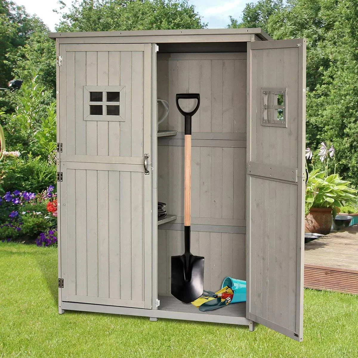 Geräteschuppen Gerätehaus Geräteschrank Pultdach Garten Holz Grau 127,5x50x164cm - 3