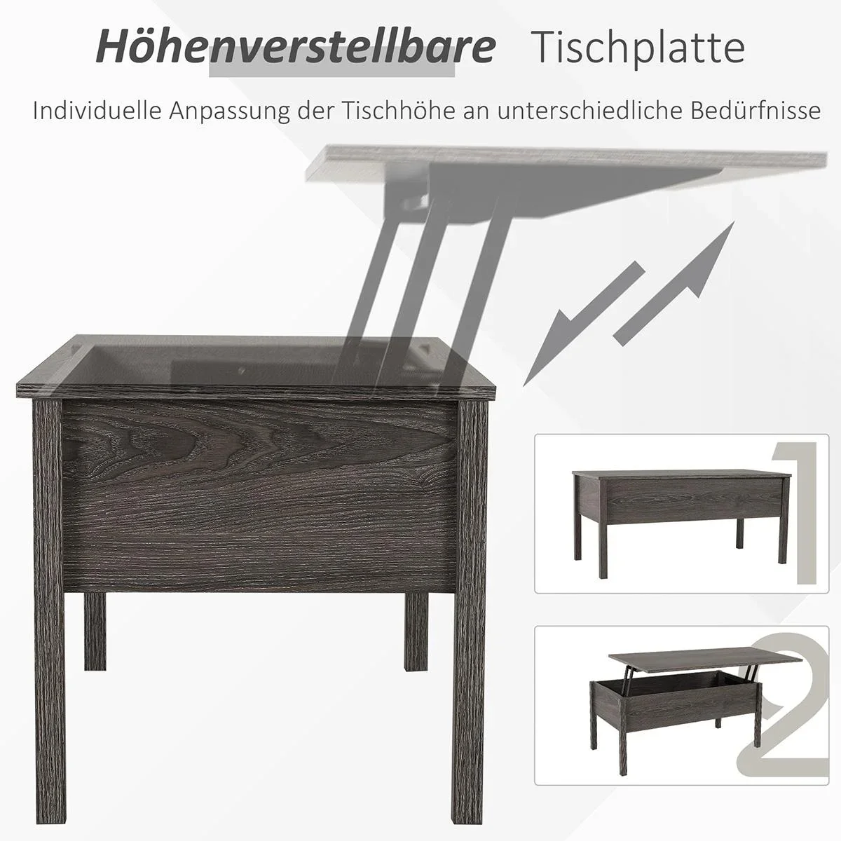 Couchtisch mit höhenverstellbarer Platte mit Lagerung anhebbare Tischplatte Braun 98 x 48 x 45 cm - 0