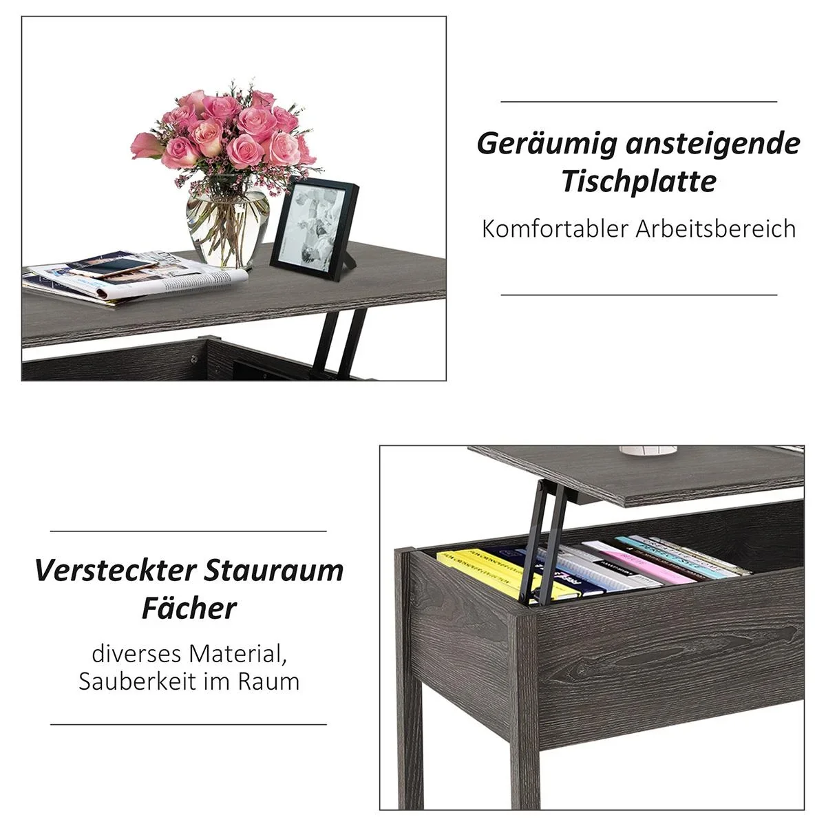 Couchtisch mit höhenverstellbarer Platte mit Lagerung anhebbare Tischplatte Braun 98 x 48 x 45 cm - 1