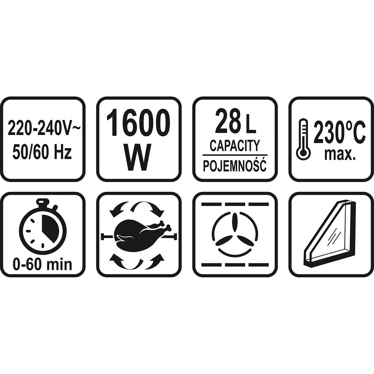Elektro-Minibackofen - freistehend - 1600W - 230 °C - Heißluft - 1
