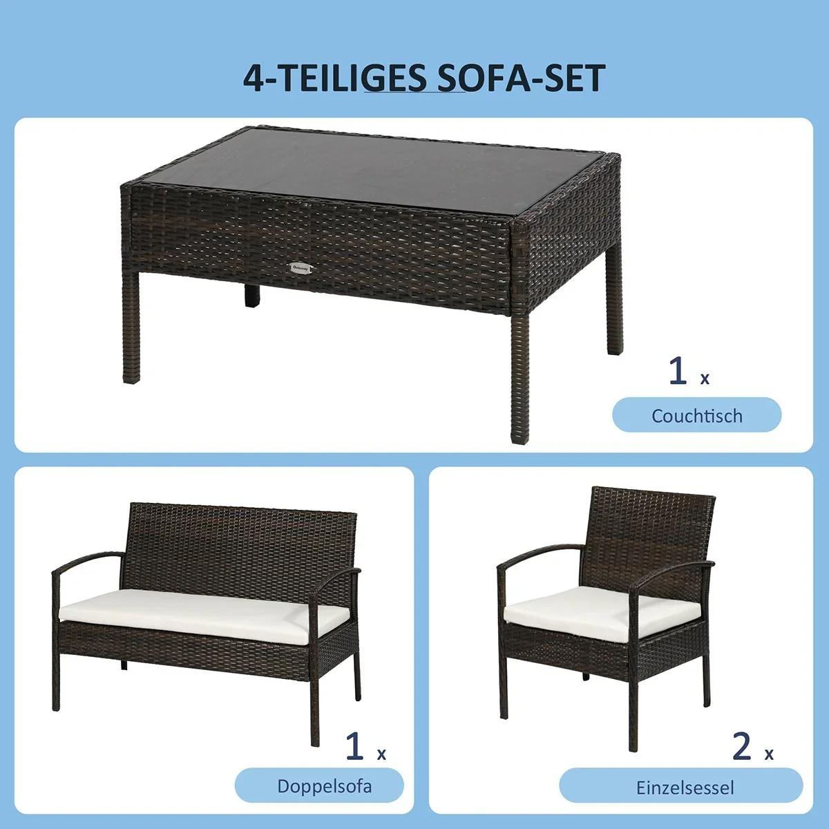 Polyrattan Gartenmöbel Set 4-teiliges Rattensofa-Set Sitzgruppe Sitzgarnitur für Pause Lounge Teetisch mit Sofa Sitzkiss - 0