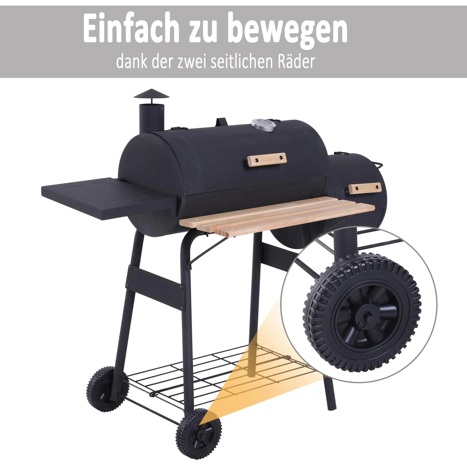 Smoker Grill BBQ Holzkohlengrill Grillwagen mit 2 x Brennkammer Schornstein Schwarz 124 x 53 x 108 cm - 0